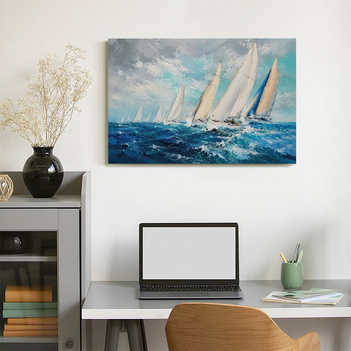 Sailing Regatta Ocean Race Framed Canvas Wall Art | Impressionist Nautical Seascape Print
