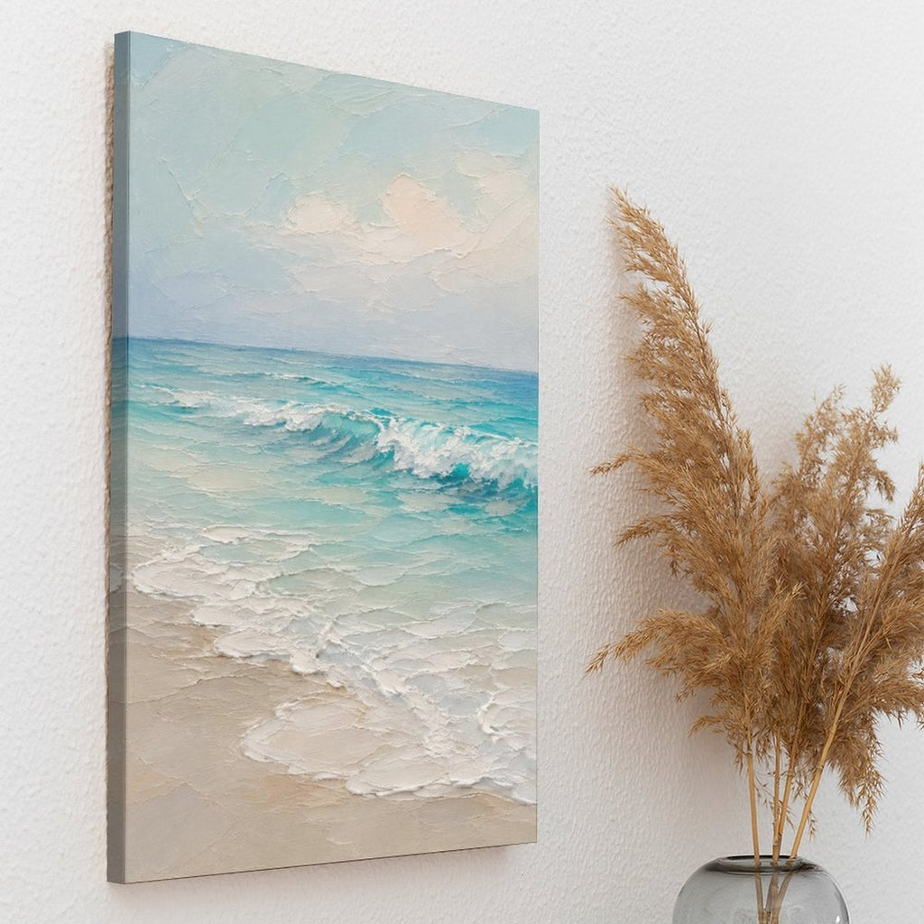 Serene Beach Waves Framed Canvas Wall Art | Soft Teal Coastal Oil Painting Print