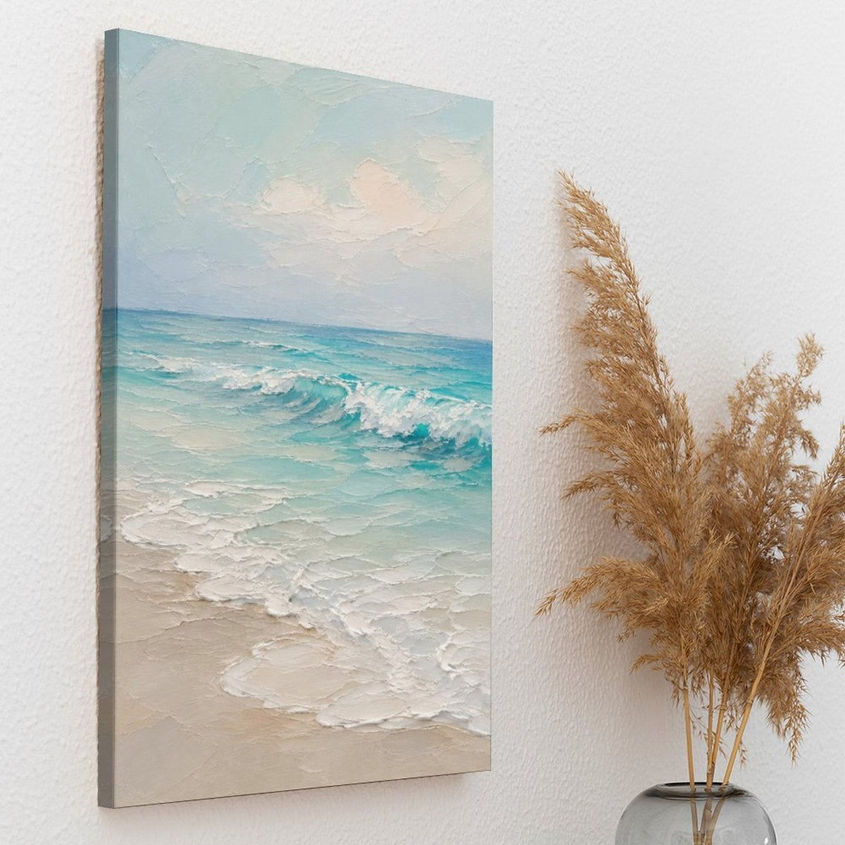 Serene Beach Waves Framed Canvas Wall Art | Soft Teal Coastal Oil Painting Print
