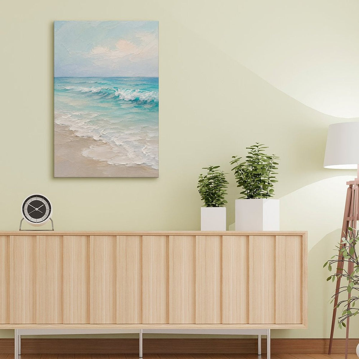 Serene Beach Waves Framed Canvas Wall Art | Soft Teal Coastal Oil Painting Print