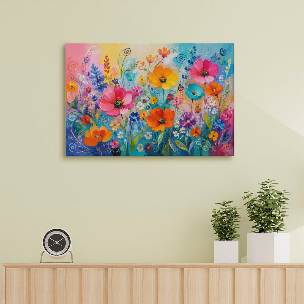 Colorful Wildflower Garden Framed Canvas Wall Art | Joyful Floral Rainbow Print