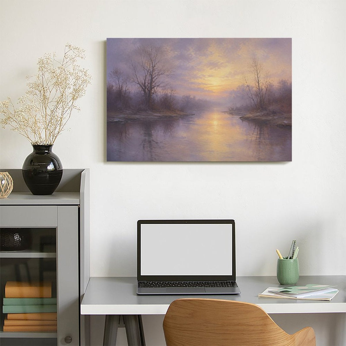 Misty Lavender River Sunrise Bare Trees Framed Canvas Wall Art | Atmospheric Old Master Landscape Print