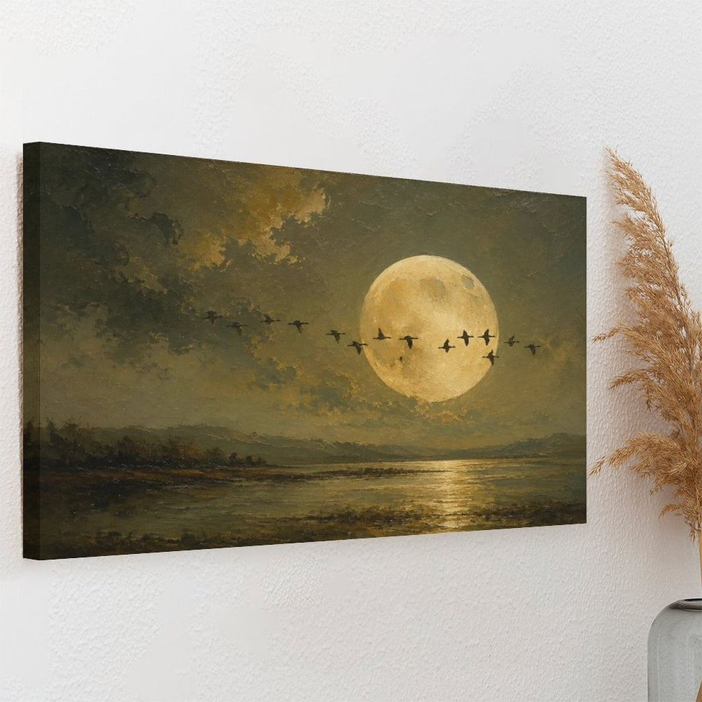 Full Moon Migrating Birds Lake Reflection Framed Canvas Wall Art | Old Master Nocturnal Landscape Print