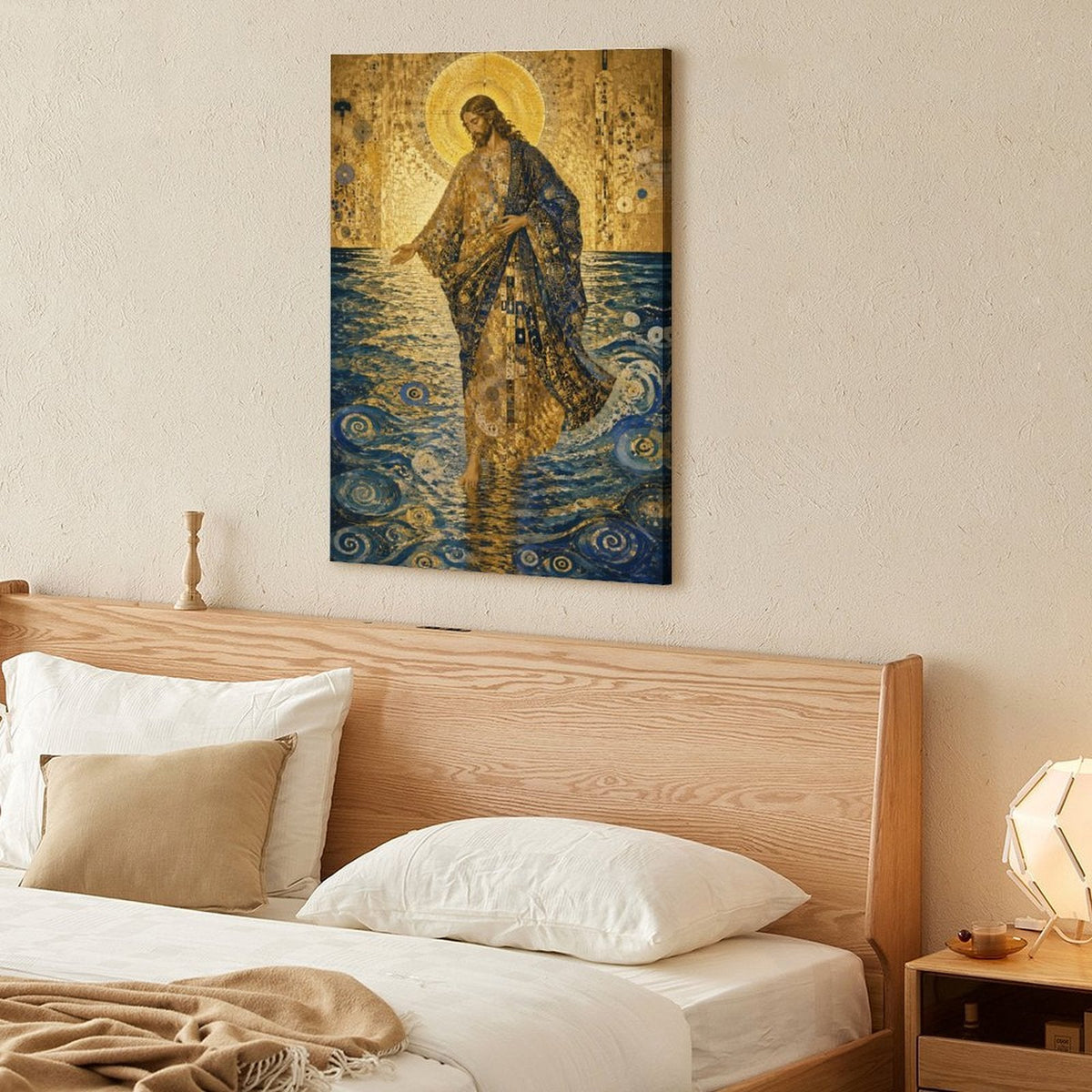Jesus Walking on Water Klimt-Style Framed Canvas Wall Art | Gold Mosaic Religious Print