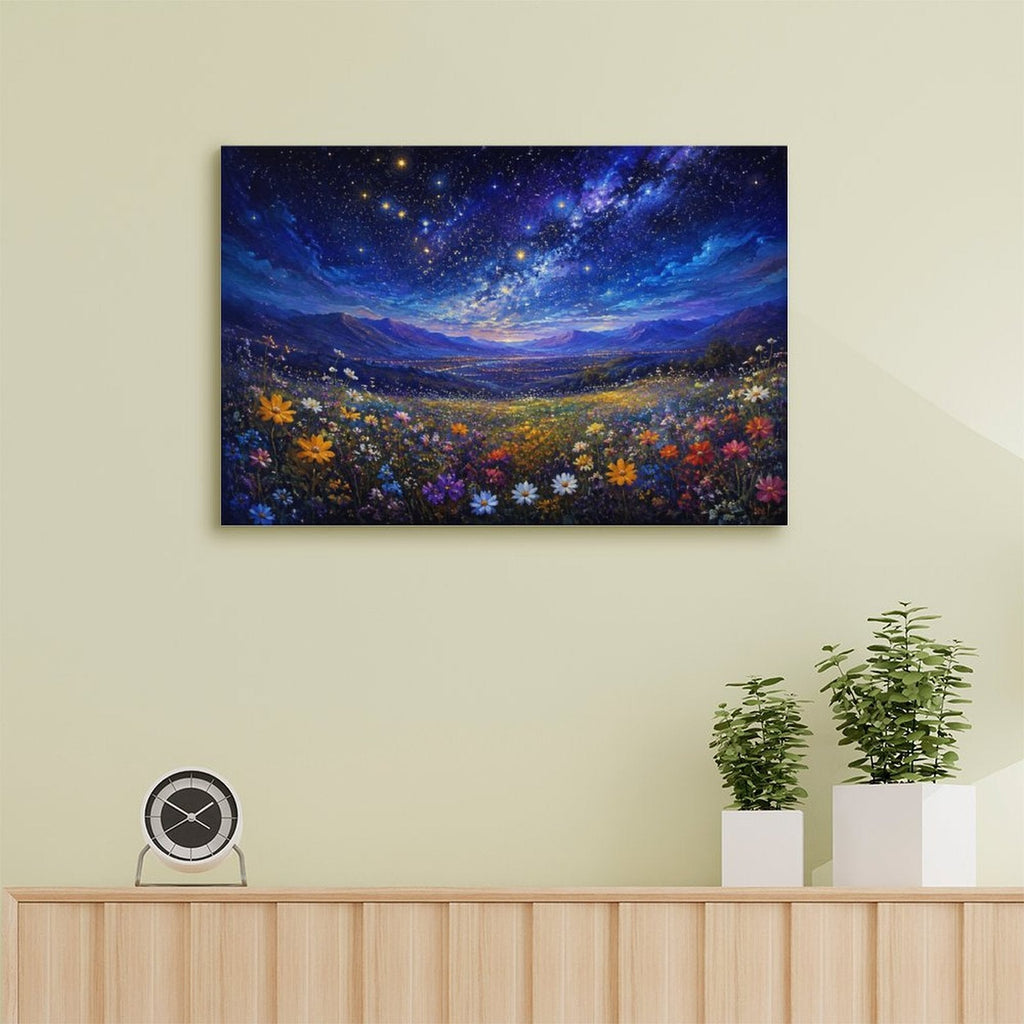 Starry Night Wildflower Meadow Framed Canvas Wall Art | Galaxy Sky Colorful Floral Landscape Print