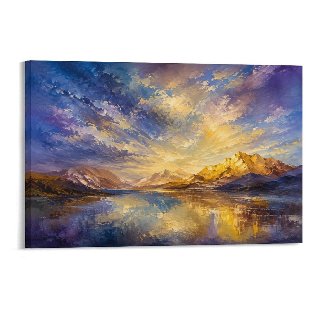 Purple Gold Dramatic Sky Mountain Lake Impressionist Landscape Framed Canvas Wall Art