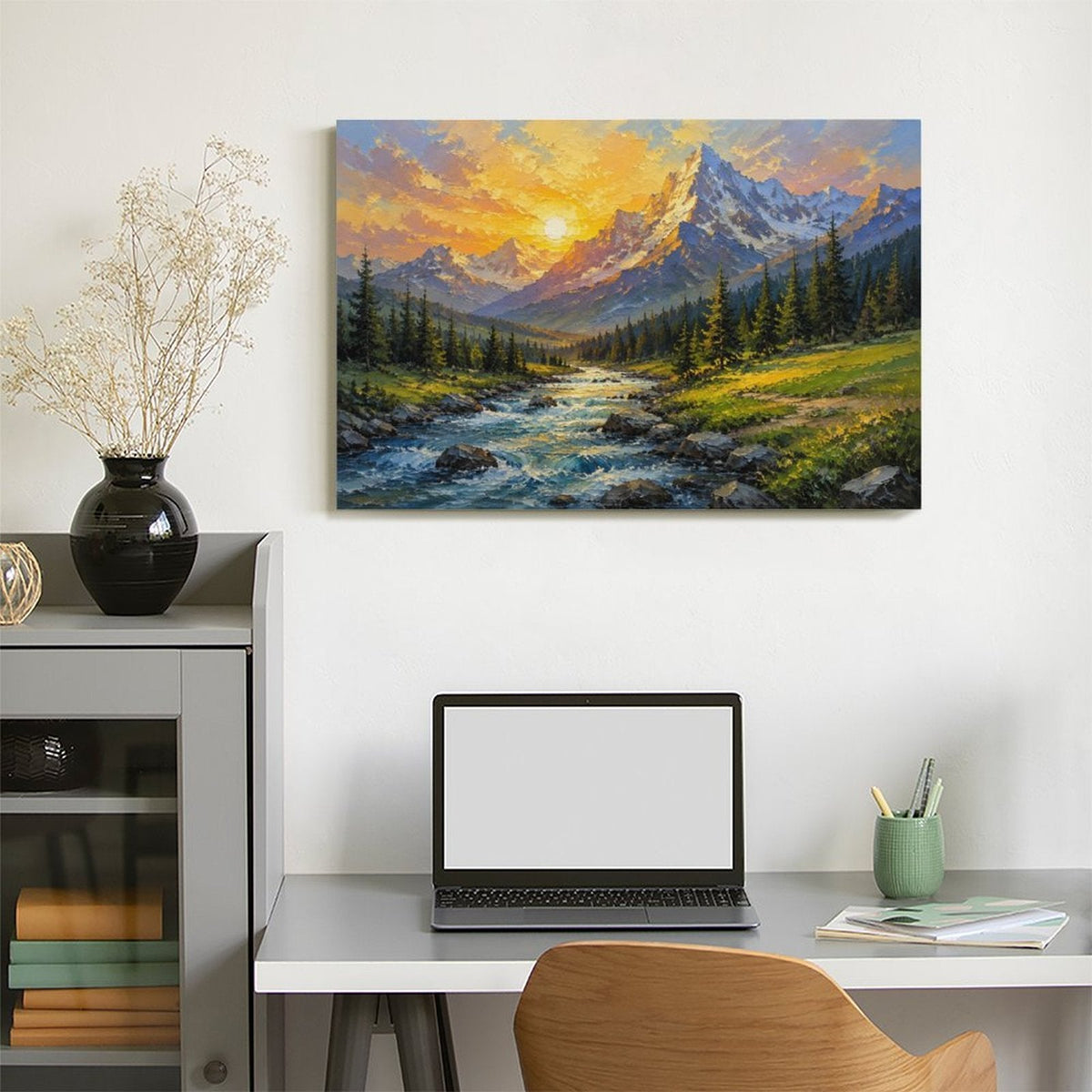 Mountain Stream Golden Sunset Framed Canvas Wall Art | Impressionist Alpine Landscape Print