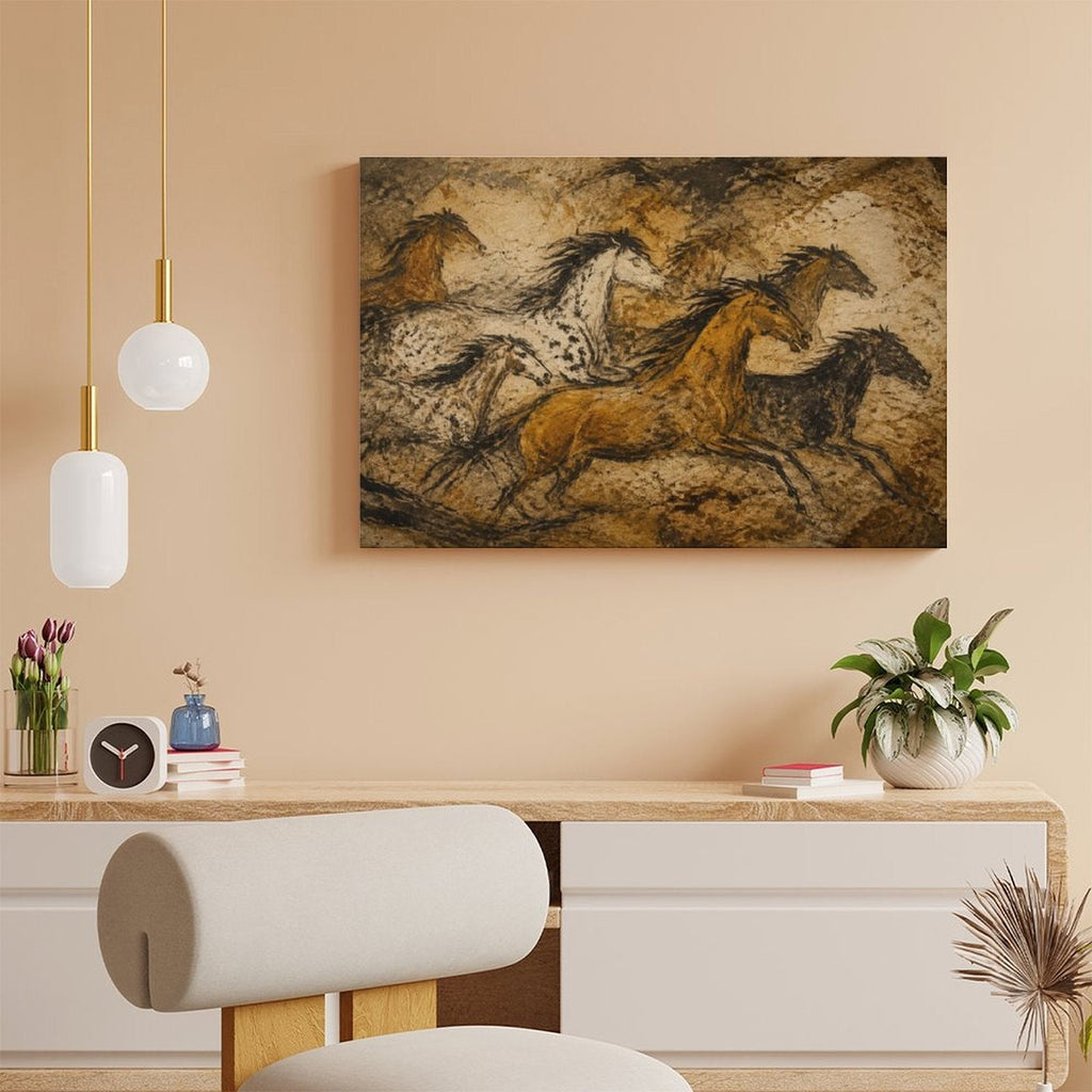 Cave Painting Wild Horses Framed Canvas Wall Art | Prehistoric Primitive Equestrian Print