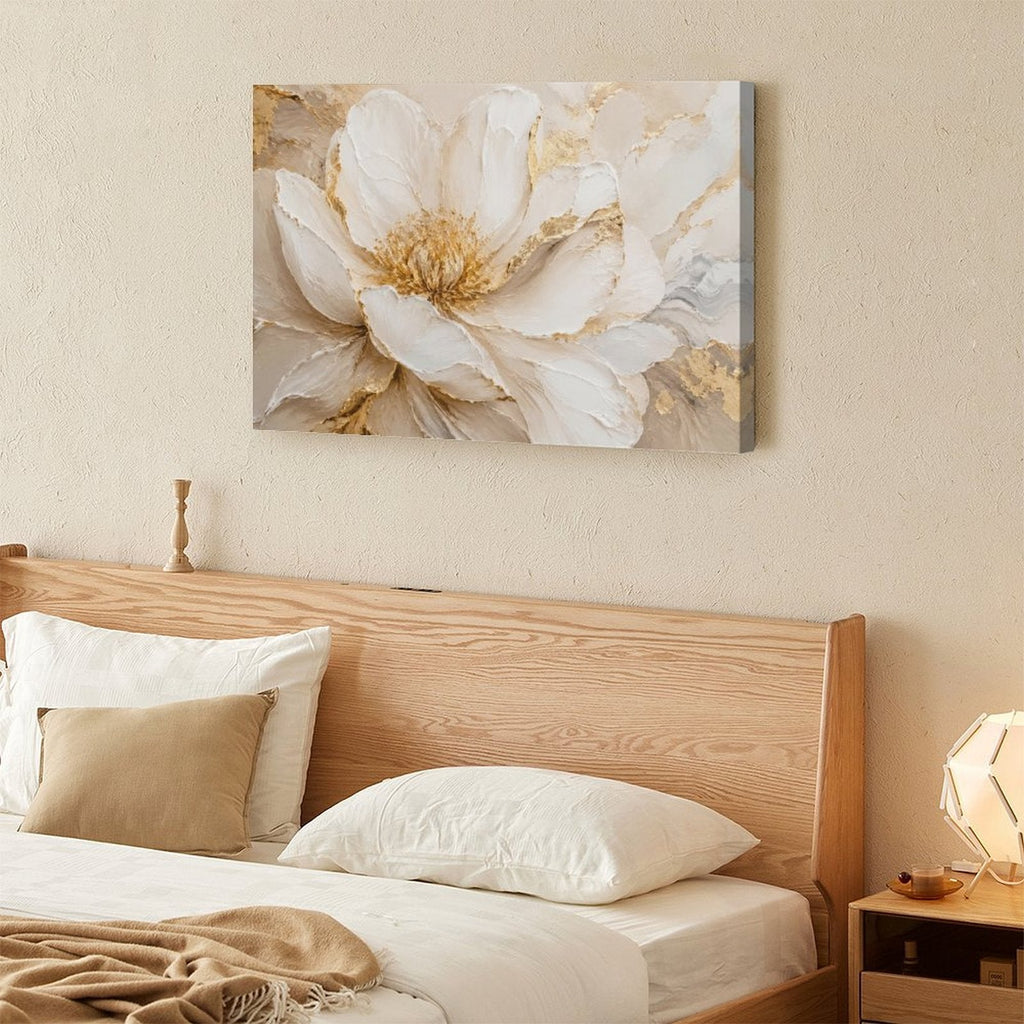 White Peony Gold Accent Close-Up Framed Canvas Wall Art | Luxury Floral Textured Print