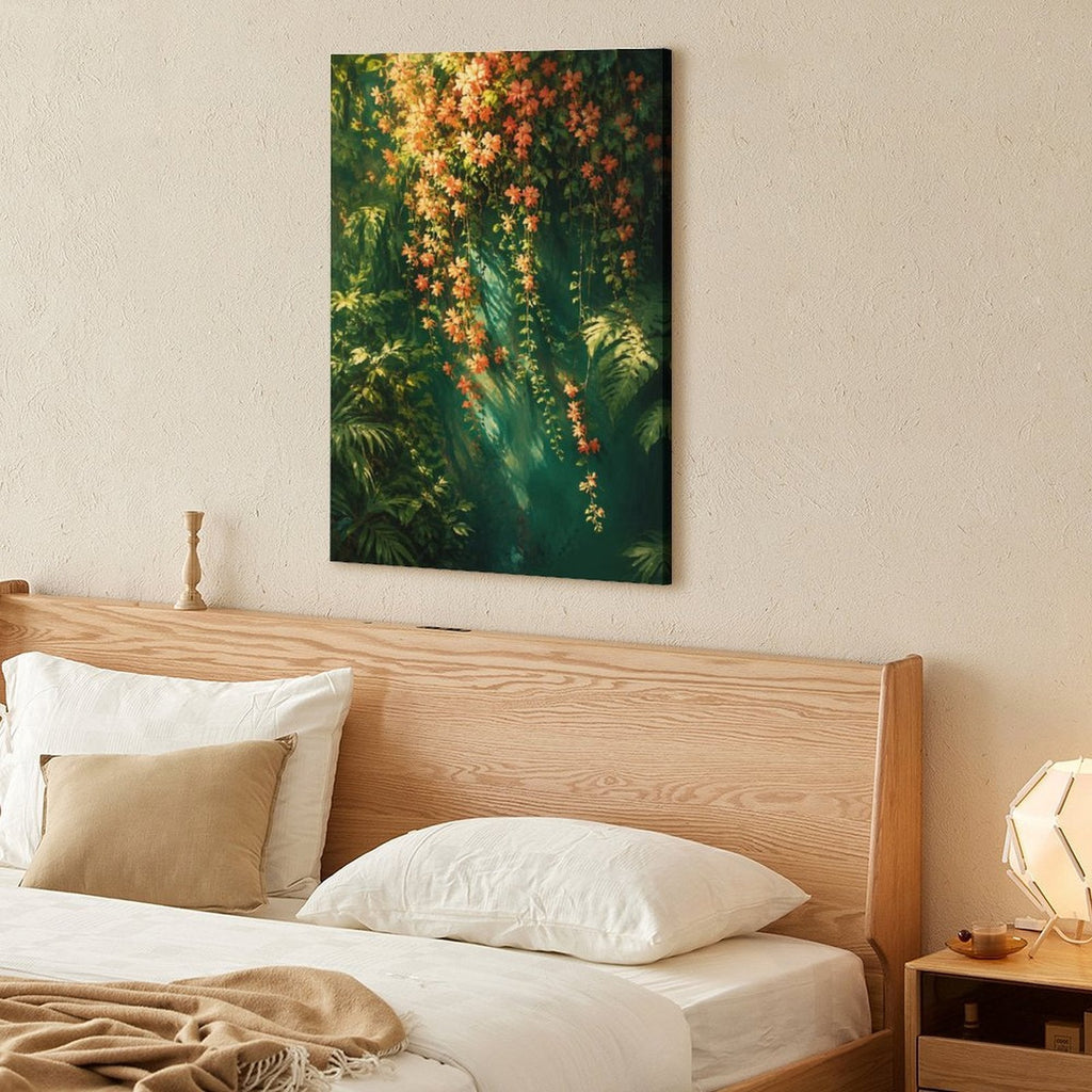 Tropical Rainforest Hanging Orange Flowers Framed Canvas Wall Art | Lush Botanical Nature Print
