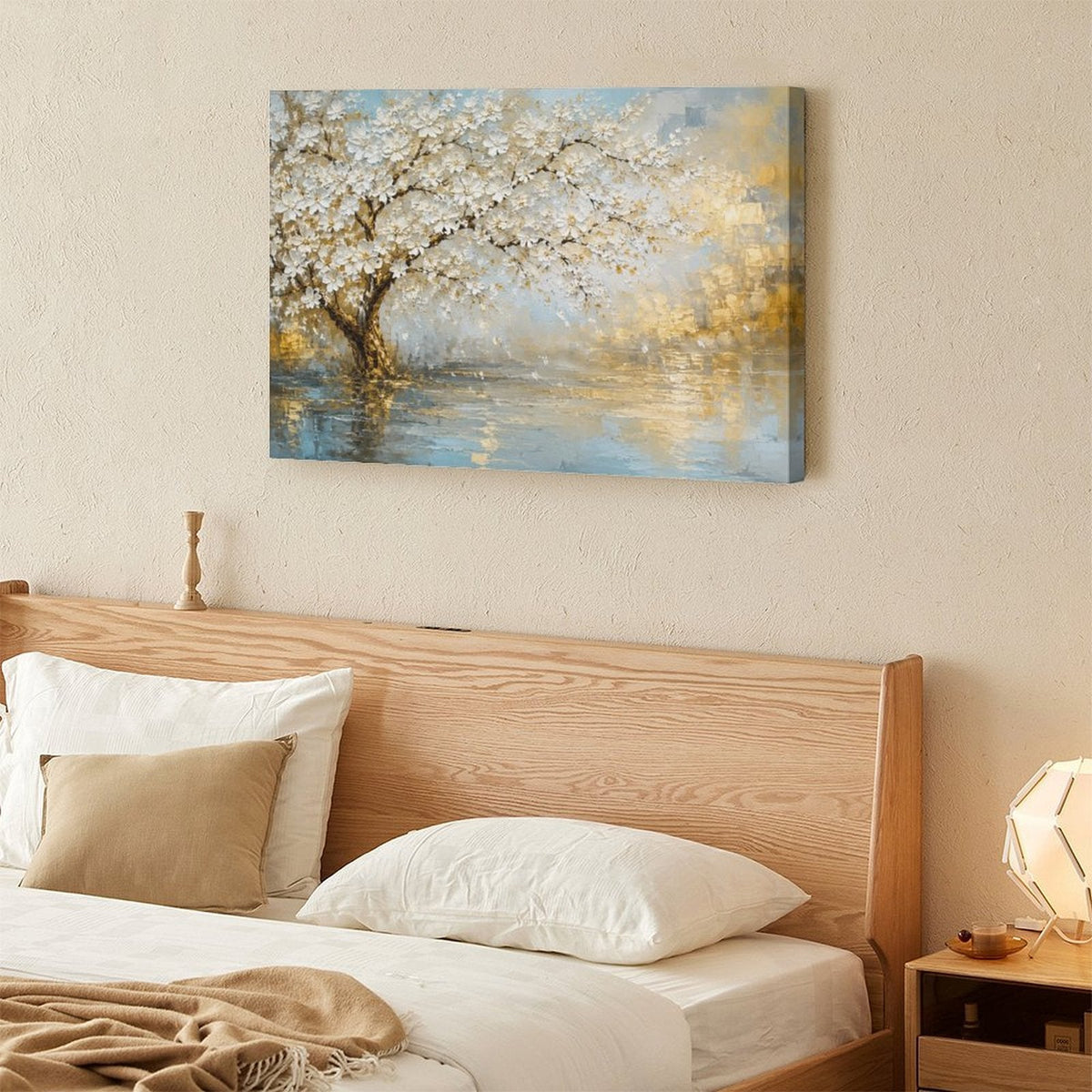 White Blossom Tree Lake Reflection Framed Canvas Wall Art | Gold Blue Textured Landscape Print