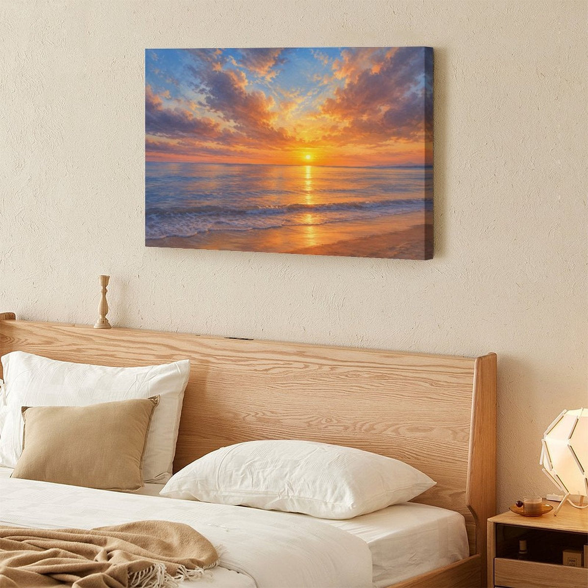 Golden Beach Sunset Framed Canvas Wall Art | Coastal Ocean Seascape Oil Painting Print