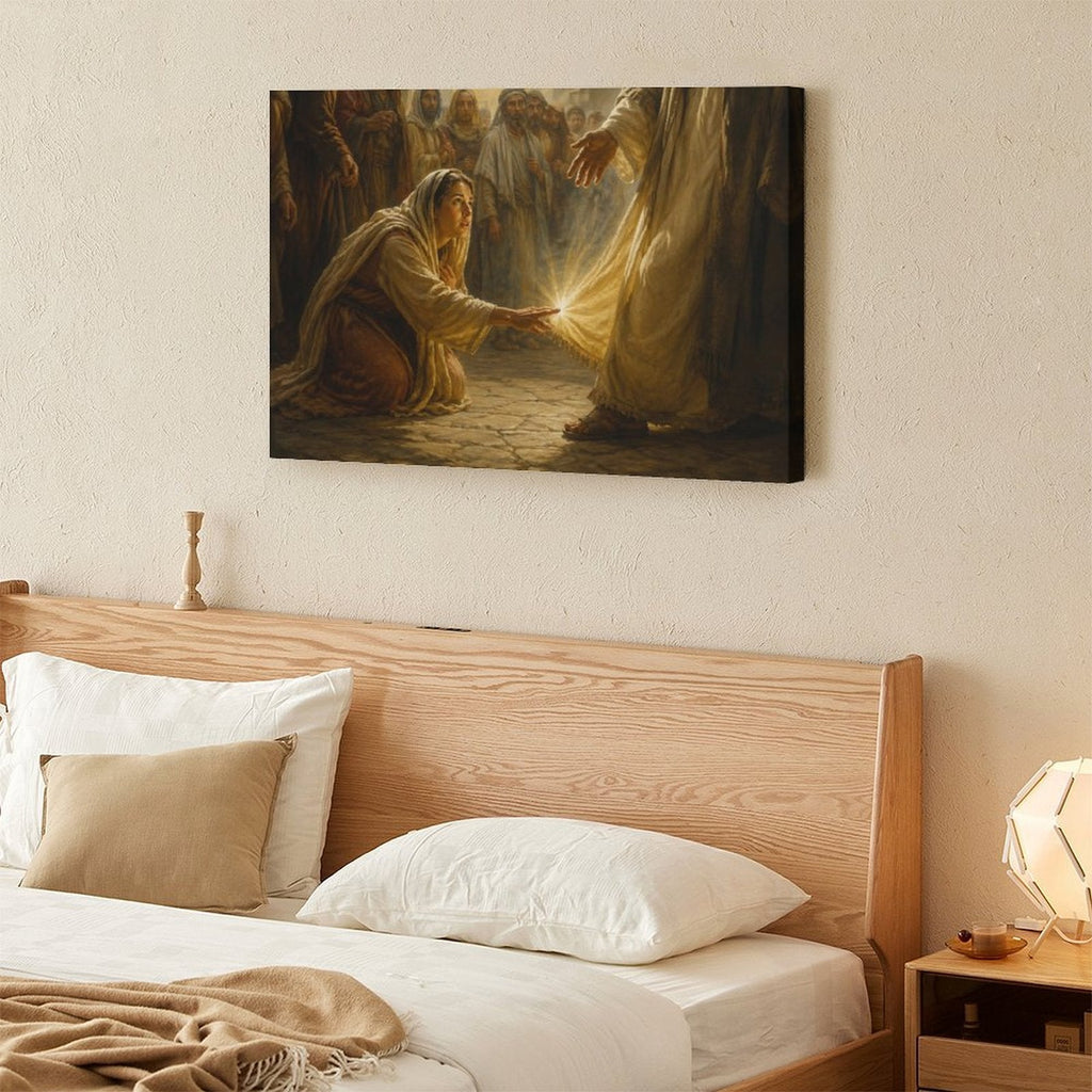 Woman Touching Jesus Robe Healing Miracle Framed Canvas Wall Art | Classical Religious Print