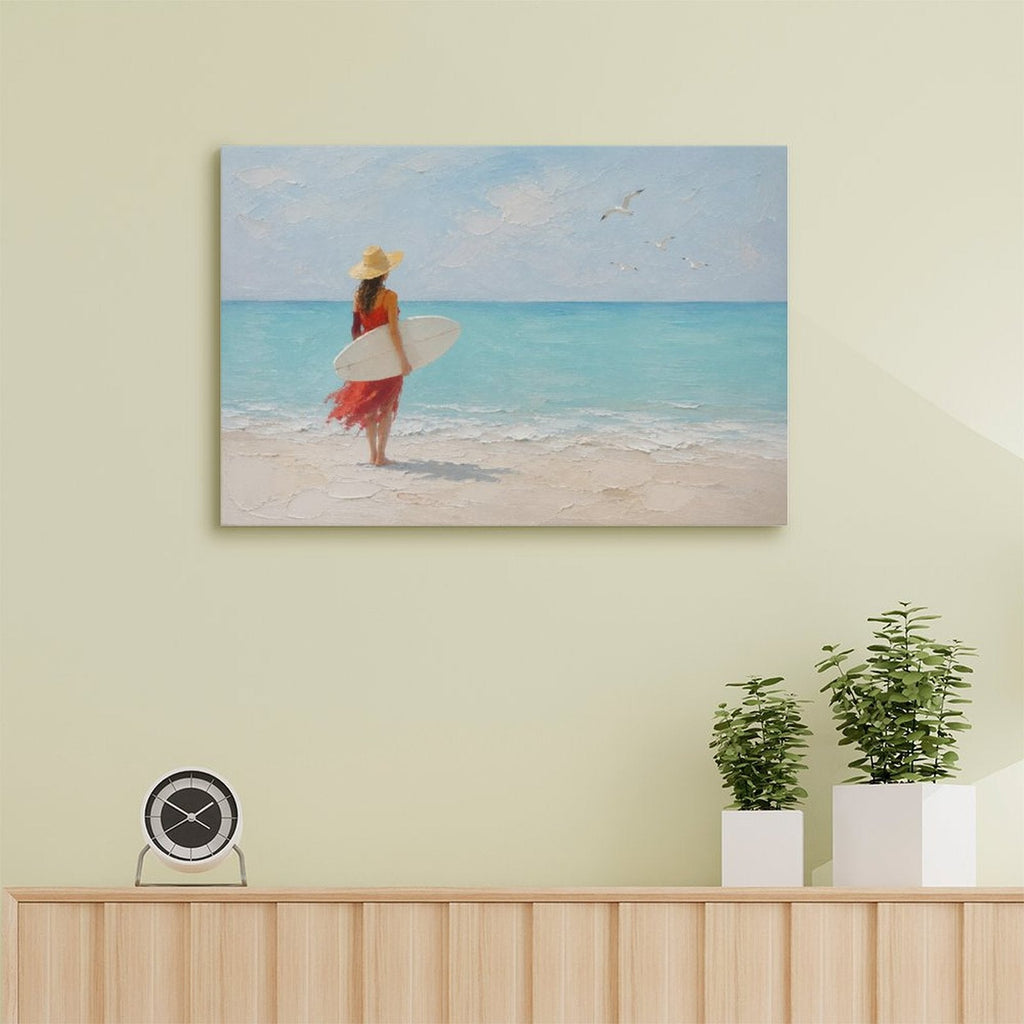 Red Dress Woman Surfer Beach Framed Canvas Wall Art | Coastal Figurative Ocean Print