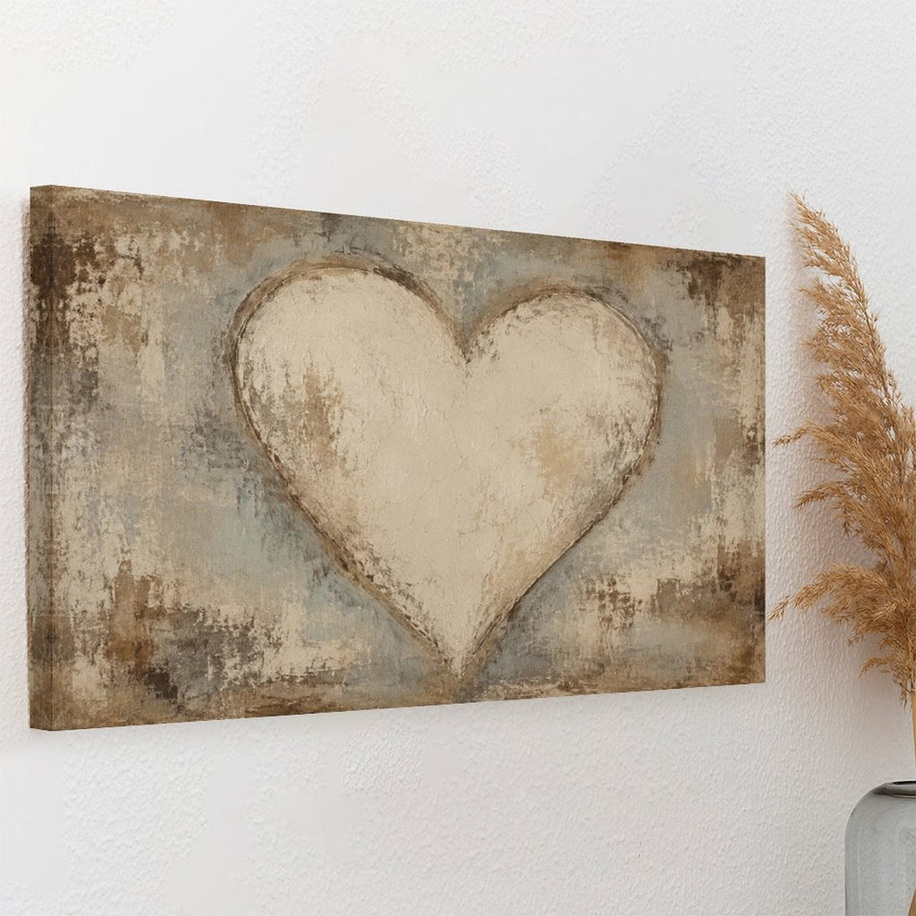 Rustic Cream Heart Textured Framed Canvas Wall Art | Vintage Romantic Love Print