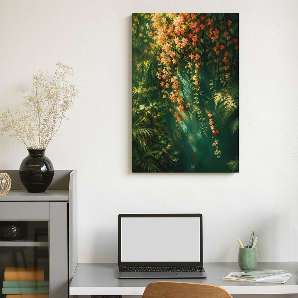 Tropical Rainforest Hanging Orange Flowers Framed Canvas Wall Art | Lush Botanical Nature Print