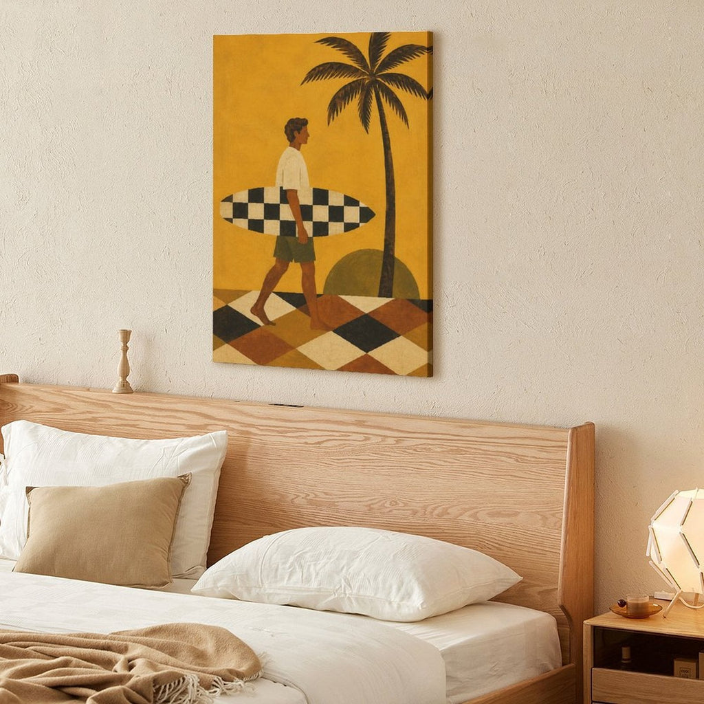 Retro Surfer Framed Canvas Wall Art | Vintage Beach Palm Tree Print