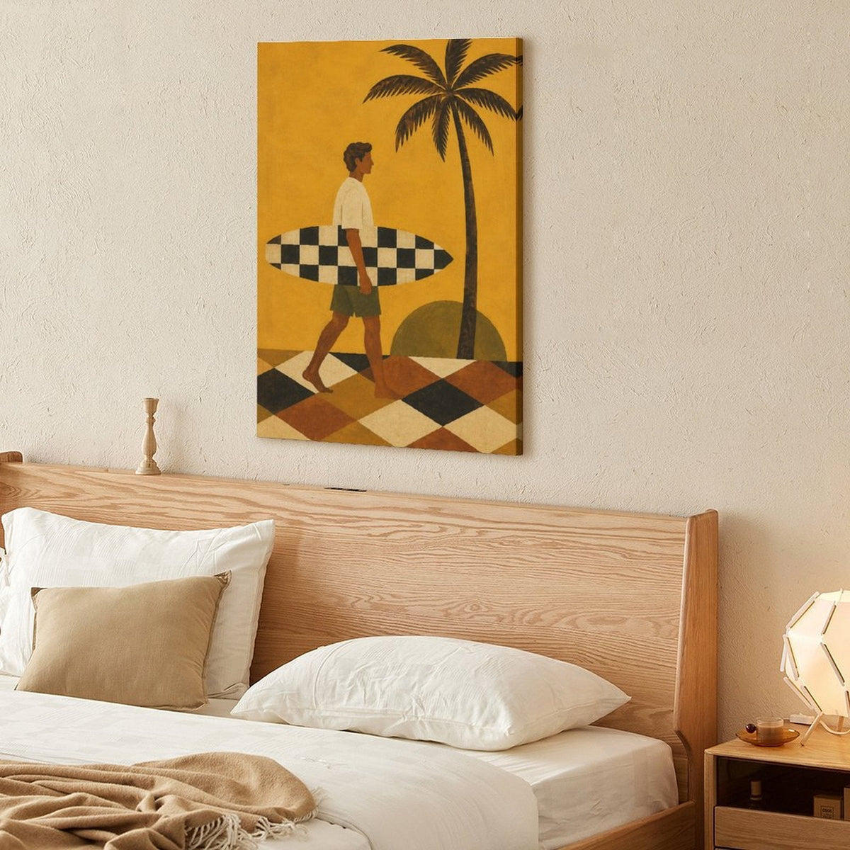 Retro Surfer Framed Canvas Wall Art | Vintage Beach Palm Tree Print