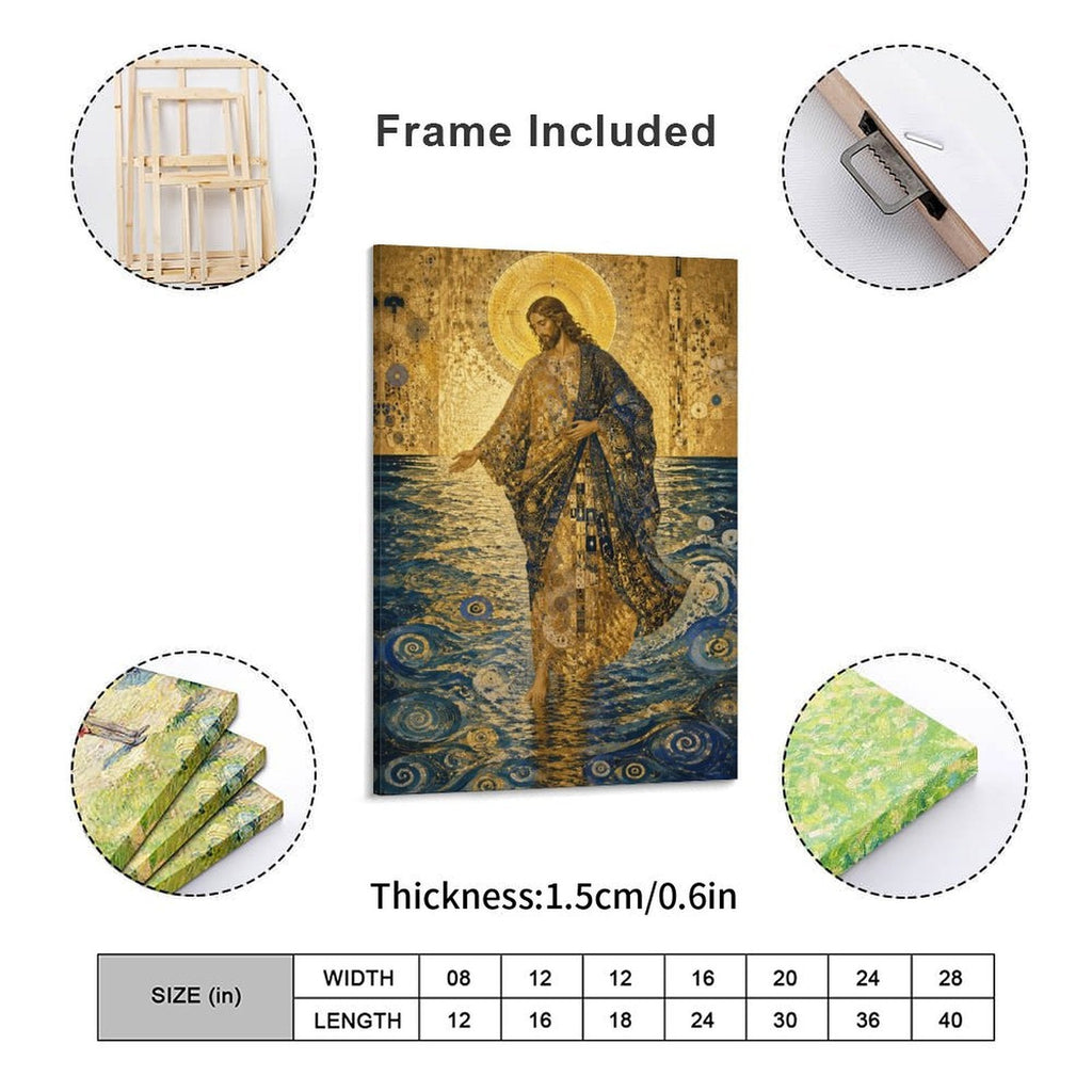 Jesus Walking on Water Klimt-Style Framed Canvas Wall Art | Gold Mosaic Religious Print