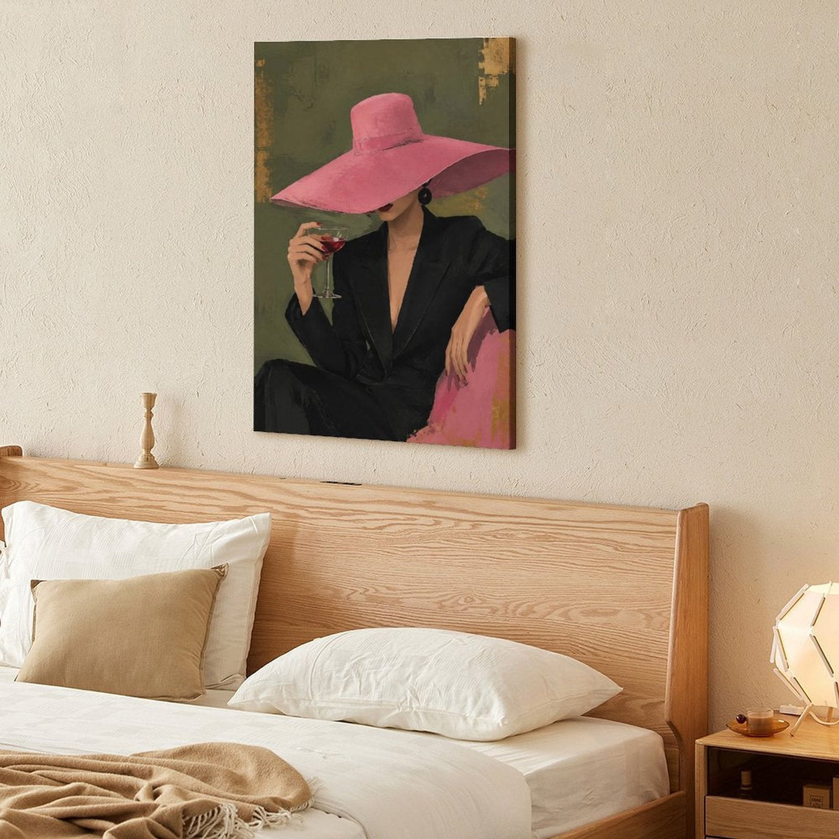 Chic Woman Pink Hat Red Wine Framed Canvas Wall Art | Vintage Fashion Figurative Print