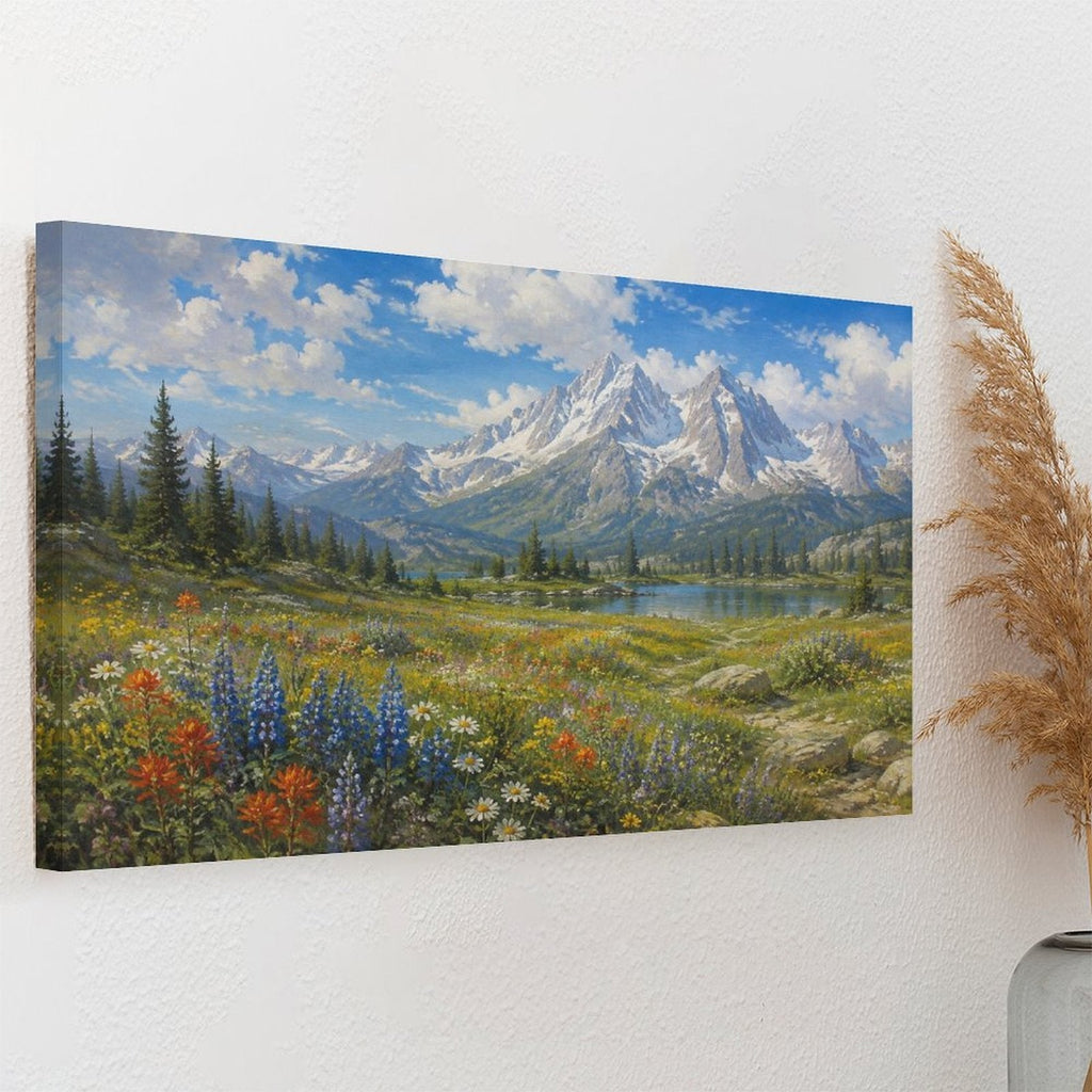 Alpine Wildflower Meadow Snow Mountain Lake Framed Canvas Wall Art | Realist Mountain Landscape Print
