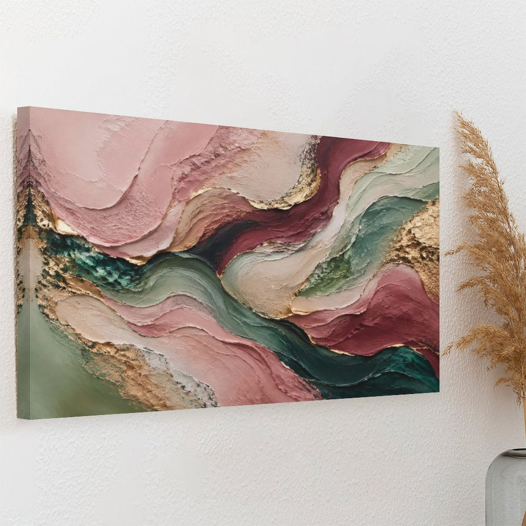 Rose Gold Teal Flowing Wave Textured Abstract Framed Canvas Wall Art | Luxury Palette Knife Print