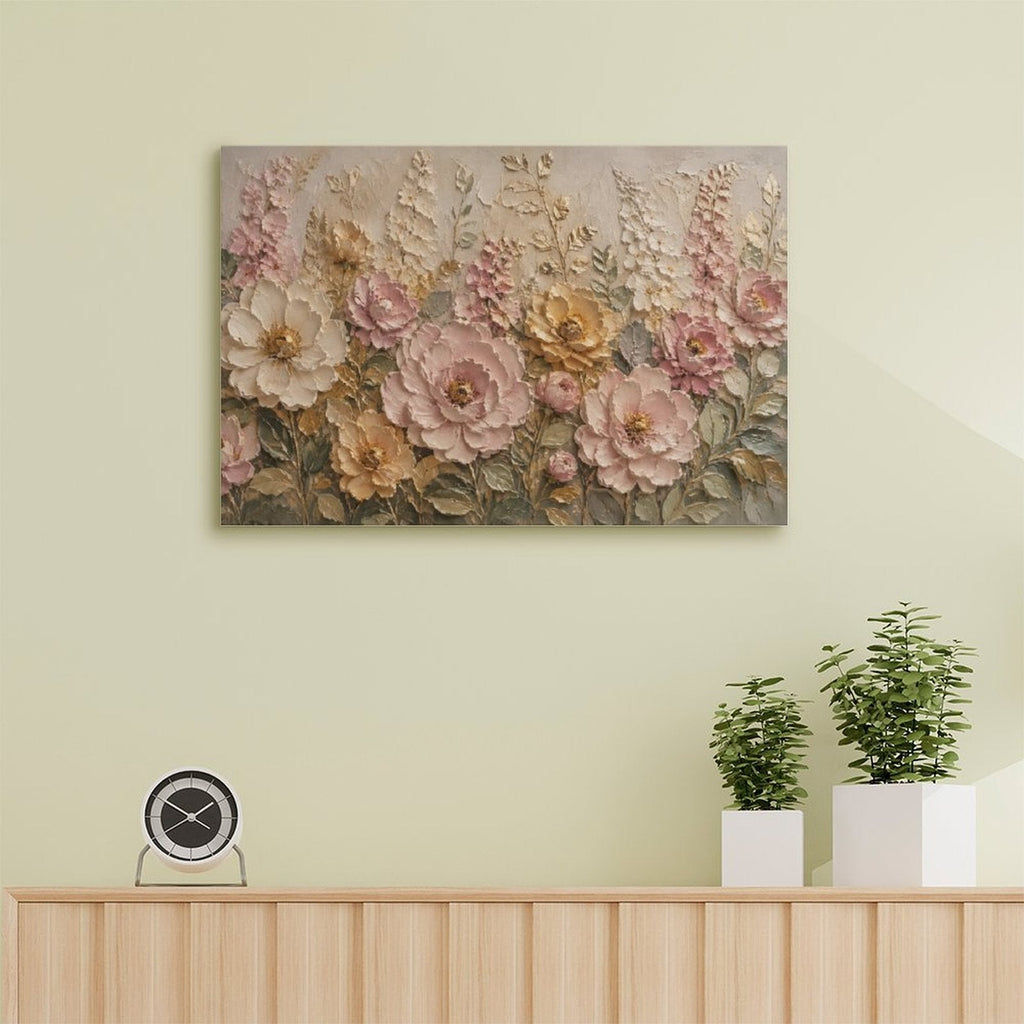 Pink Rose Cream Peony Gold Floral Textured Framed Canvas Wall Art | French Romantic Relief Print
