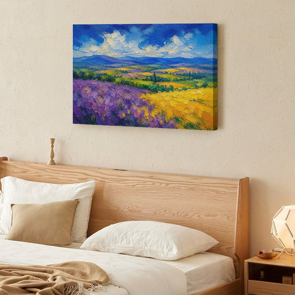 Provence Lavender Field Impressionist Framed Canvas Wall Art | Purple Yellow Landscape Textured Print