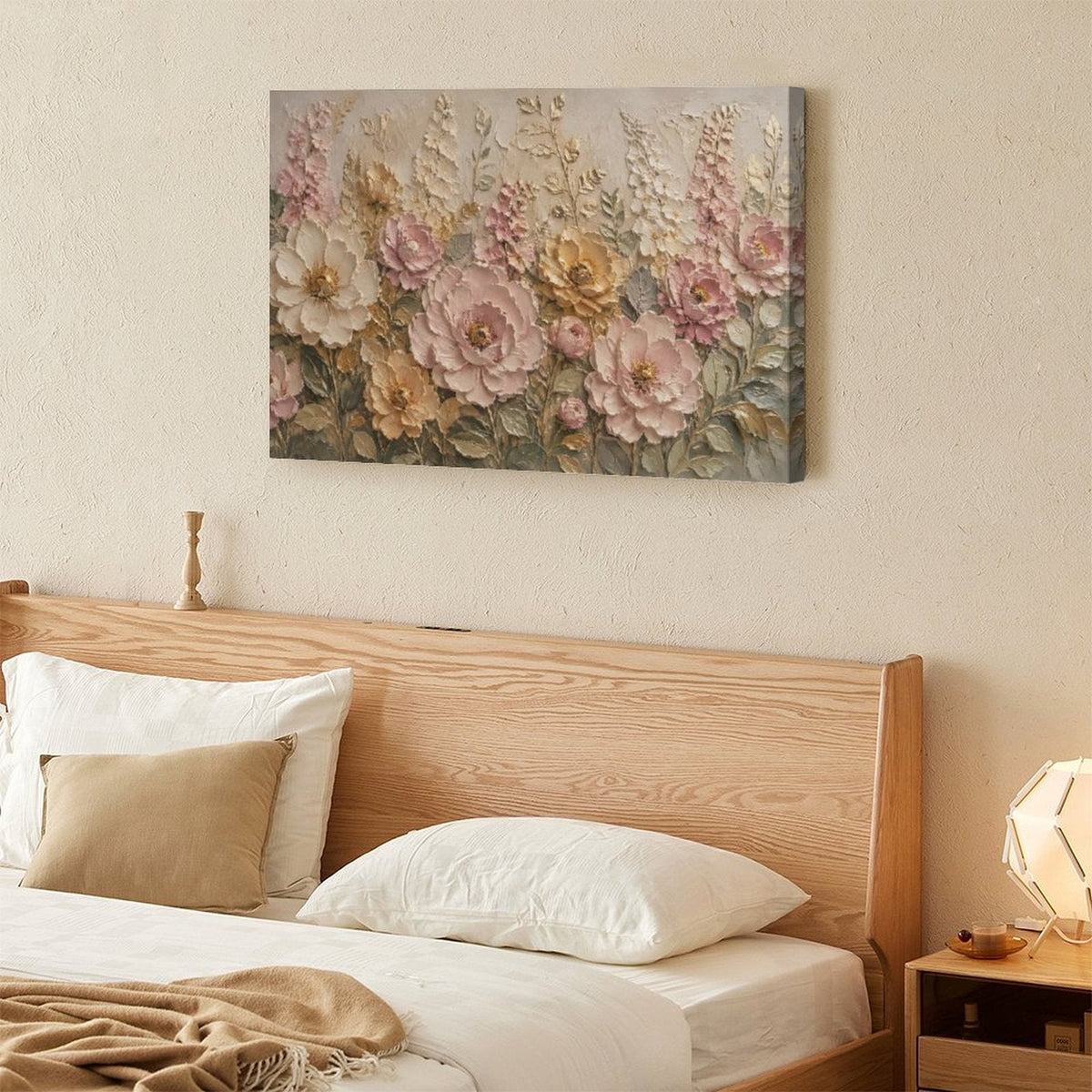 Pink Rose Cream Peony Gold Floral Textured Framed Canvas Wall Art | French Romantic Relief Print