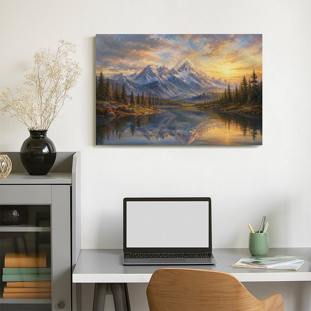 Snow Mountain Sunset Lake Reflection Pine Forest Framed Canvas Wall Art | Old Master Landscape Print
