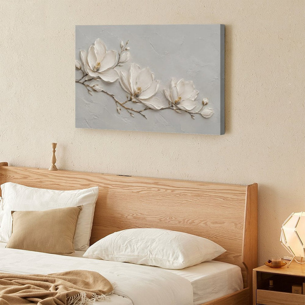 White Magnolia Branch Textured Framed Canvas Wall Art | Minimalist Floral Botanical Print