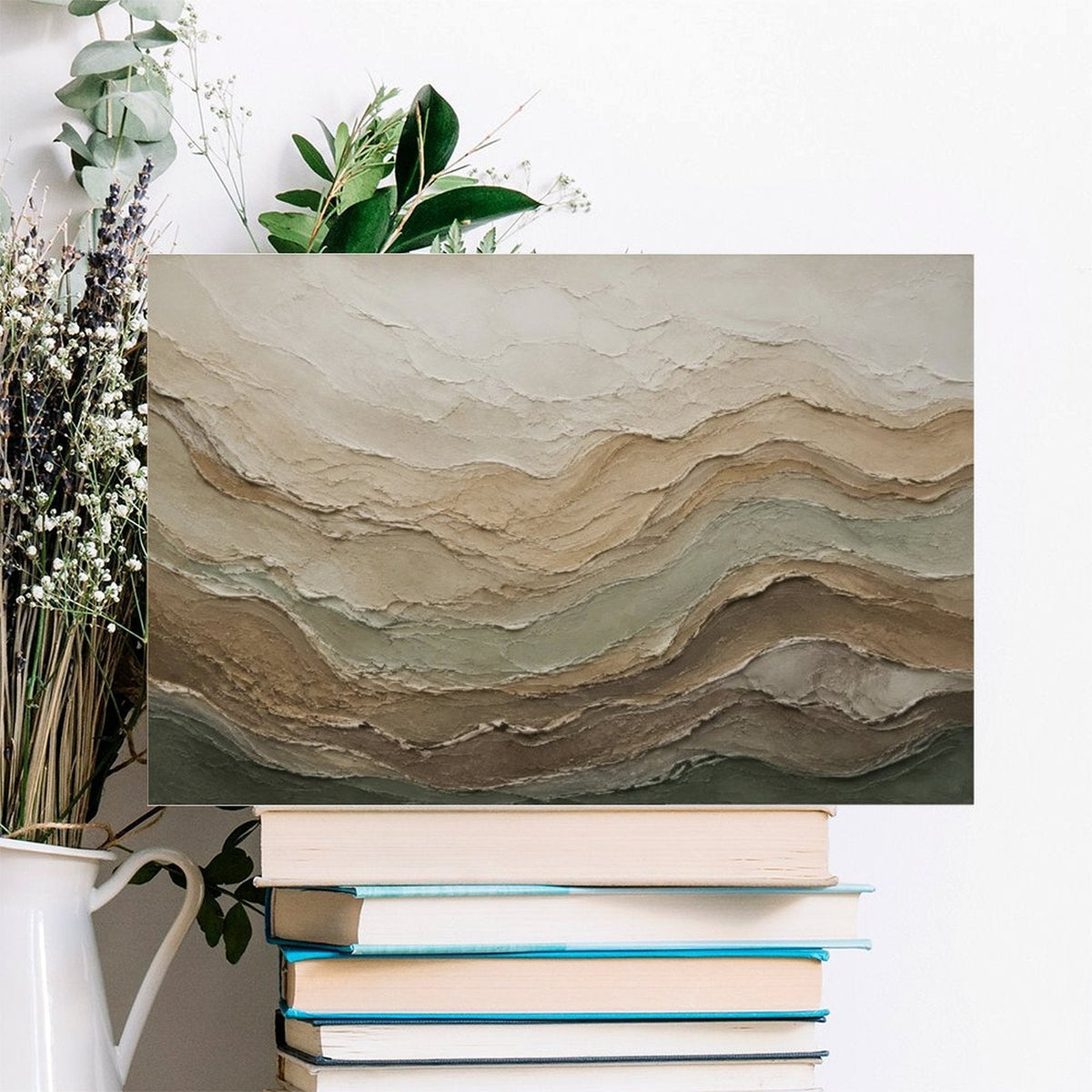 Earth Tone Layered Wave Textured Abstract Framed Canvas Wall Art | Neutral Geological Print