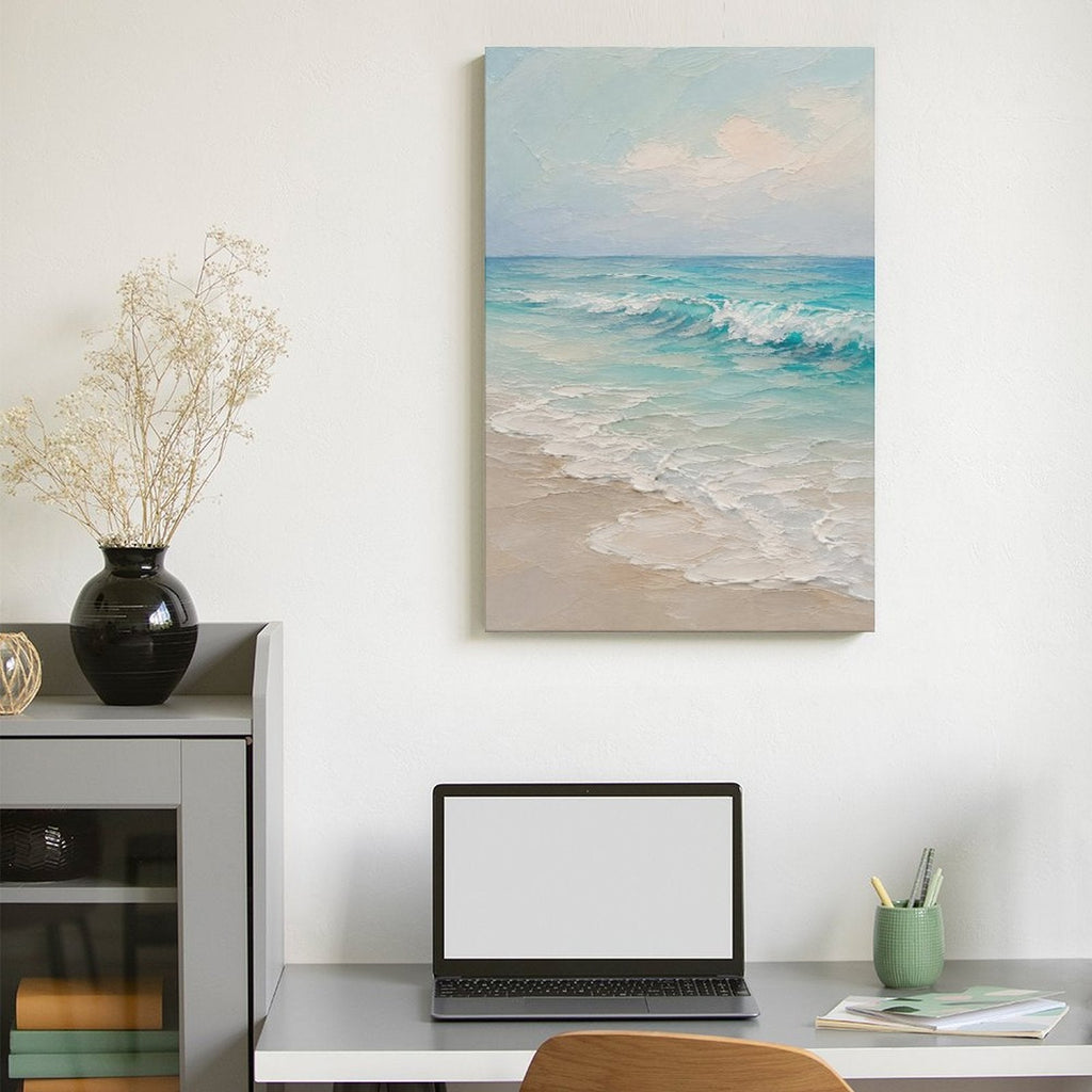 Serene Beach Waves Framed Canvas Wall Art | Soft Teal Coastal Oil Painting Print