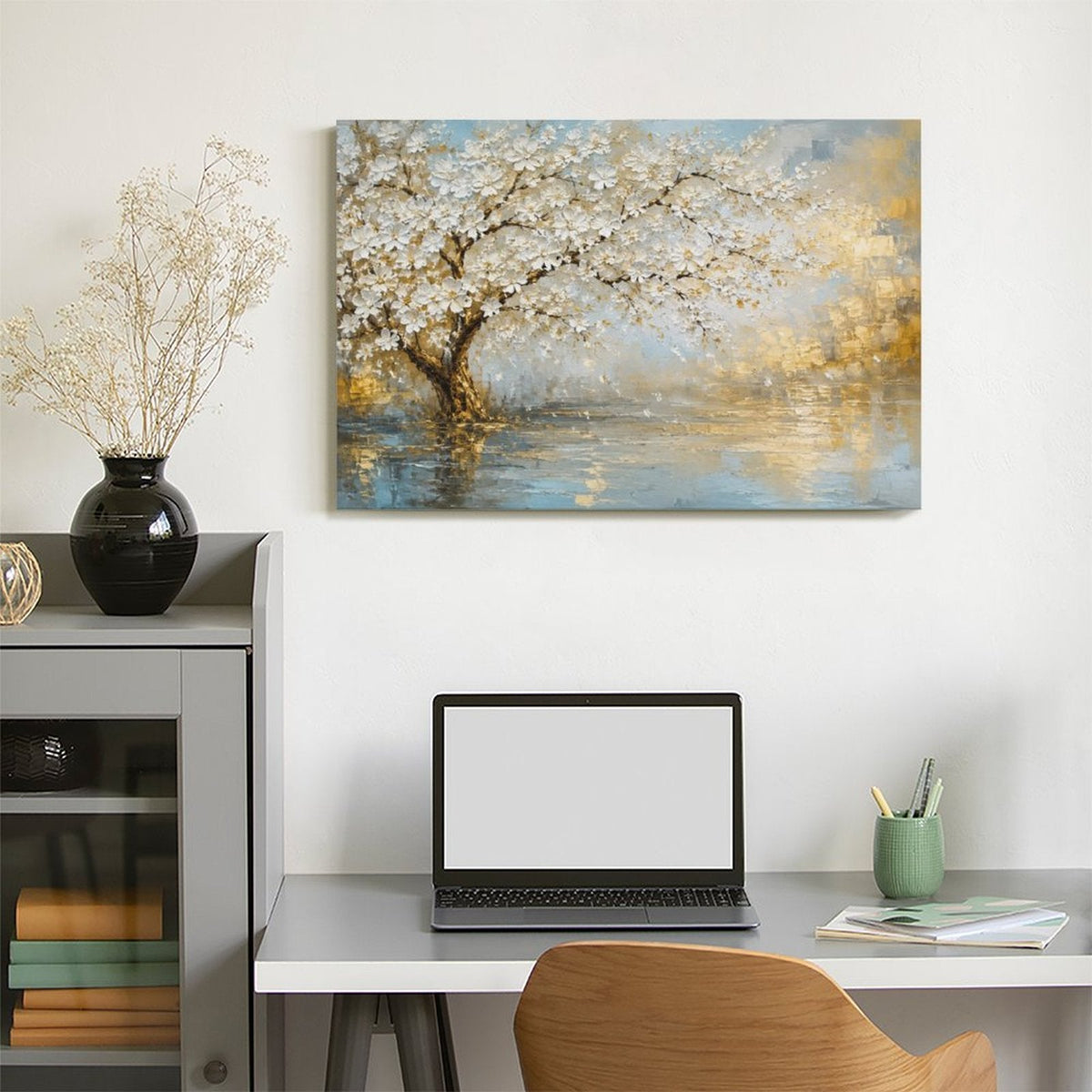 White Blossom Tree Lake Reflection Framed Canvas Wall Art | Gold Blue Textured Landscape Print