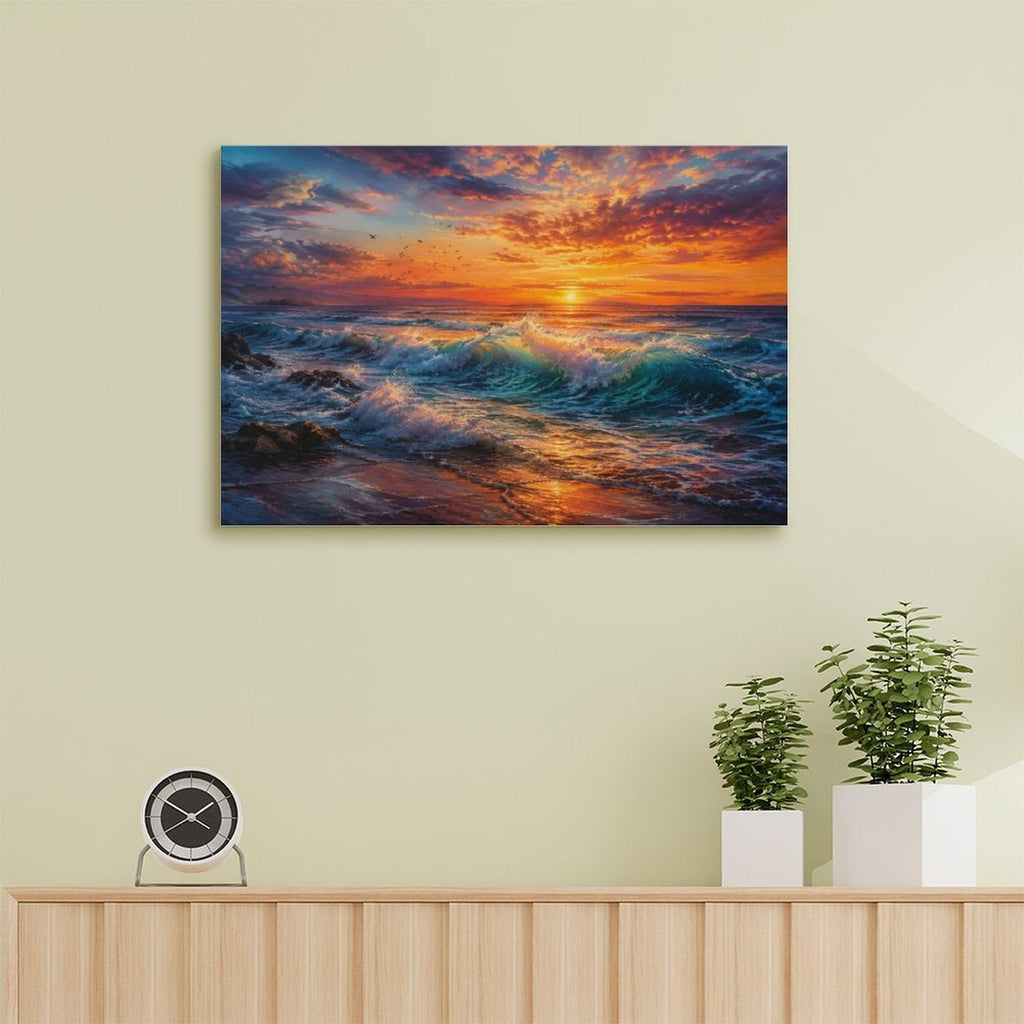Dramatic Ocean Wave Sunset Framed Canvas Wall Art | Teal Crashing Wave Seascape Print