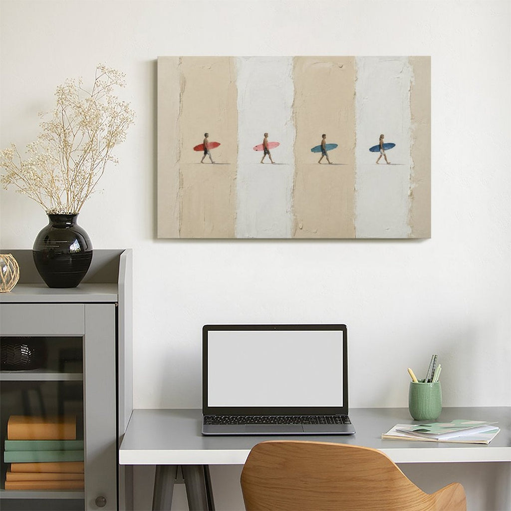 Four Surfers Colorful Boards Minimalist Framed Canvas Wall Art | Coastal Beach Stripe Print