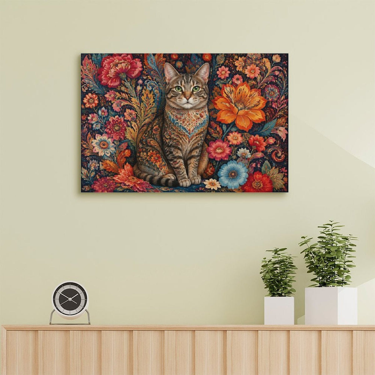 Persian Floral Tabby Cat Framed Canvas Wall Art | Folk Art Botanical Animal Print