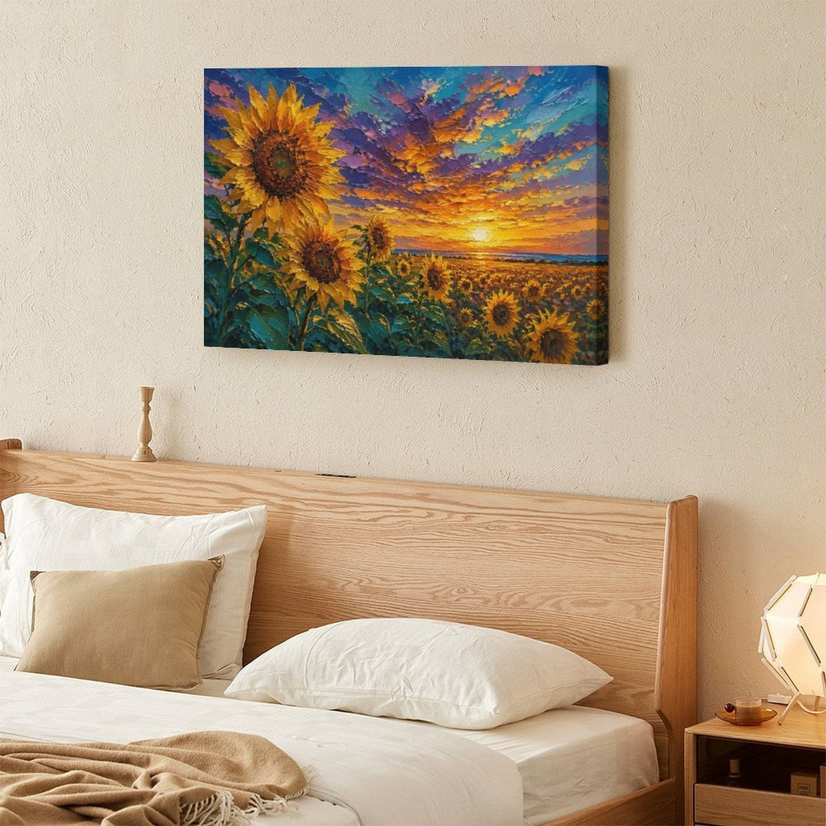 Sunflower Field Sunset Framed Canvas Wall Art | Impressionist Floral Landscape Print