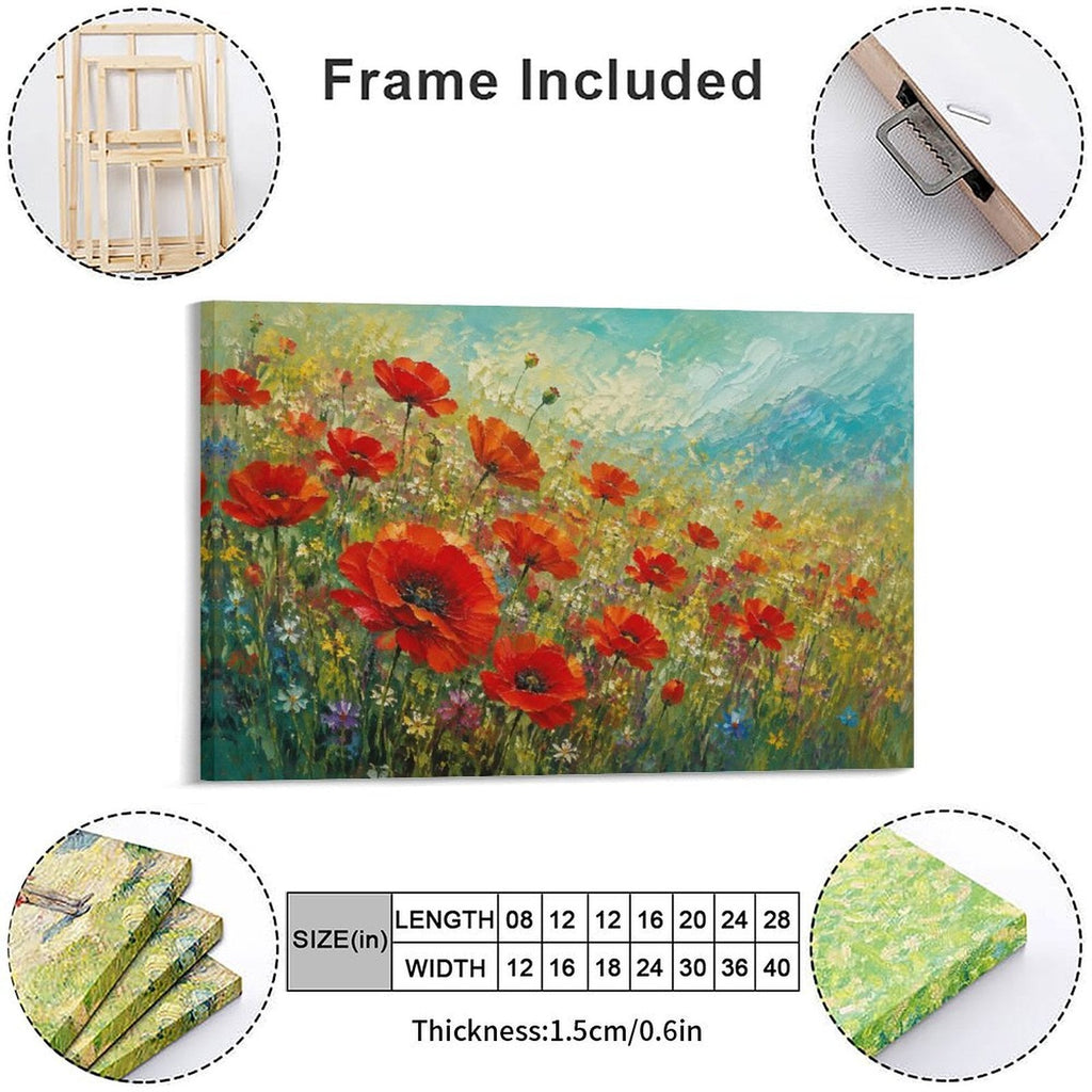 Red Poppy Wildflower Meadow Framed Canvas Wall Art | Impressionist Floral Field Print