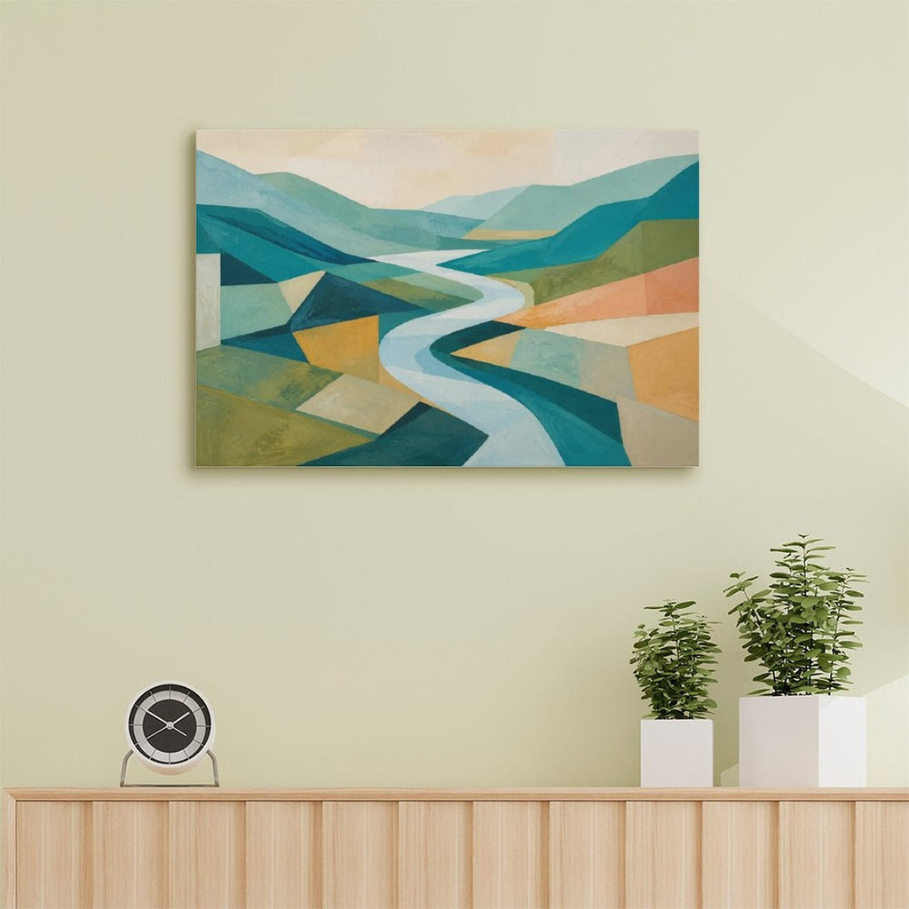 Geometric Abstract Valley River Framed Canvas Wall Art | Mid-Century Modern Landscape Print