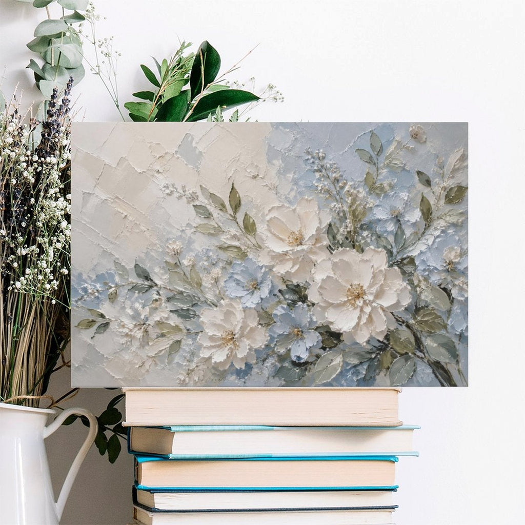 White Peony Blue Floral Textured Framed Canvas Wall Art | French Cottage Botanical Relief Print