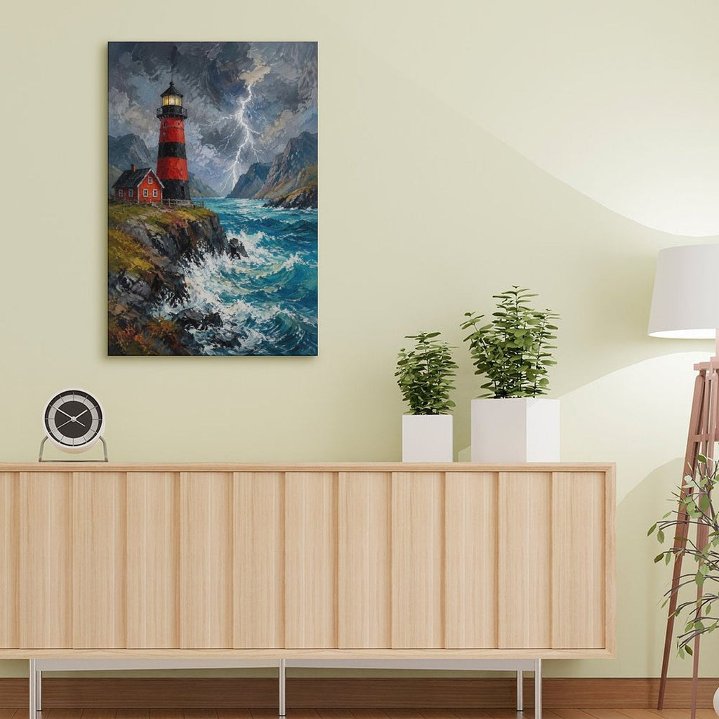 Stormy Lighthouse Cliff Framed Canvas Wall Art | Red & Black Coastal Oil Painting Print