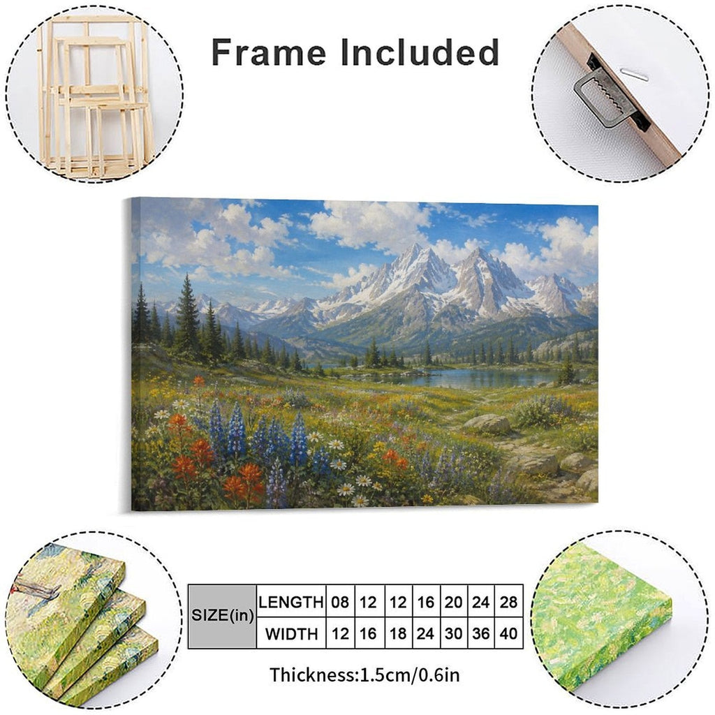Alpine Wildflower Meadow Snow Mountain Lake Framed Canvas Wall Art | Realist Mountain Landscape Print