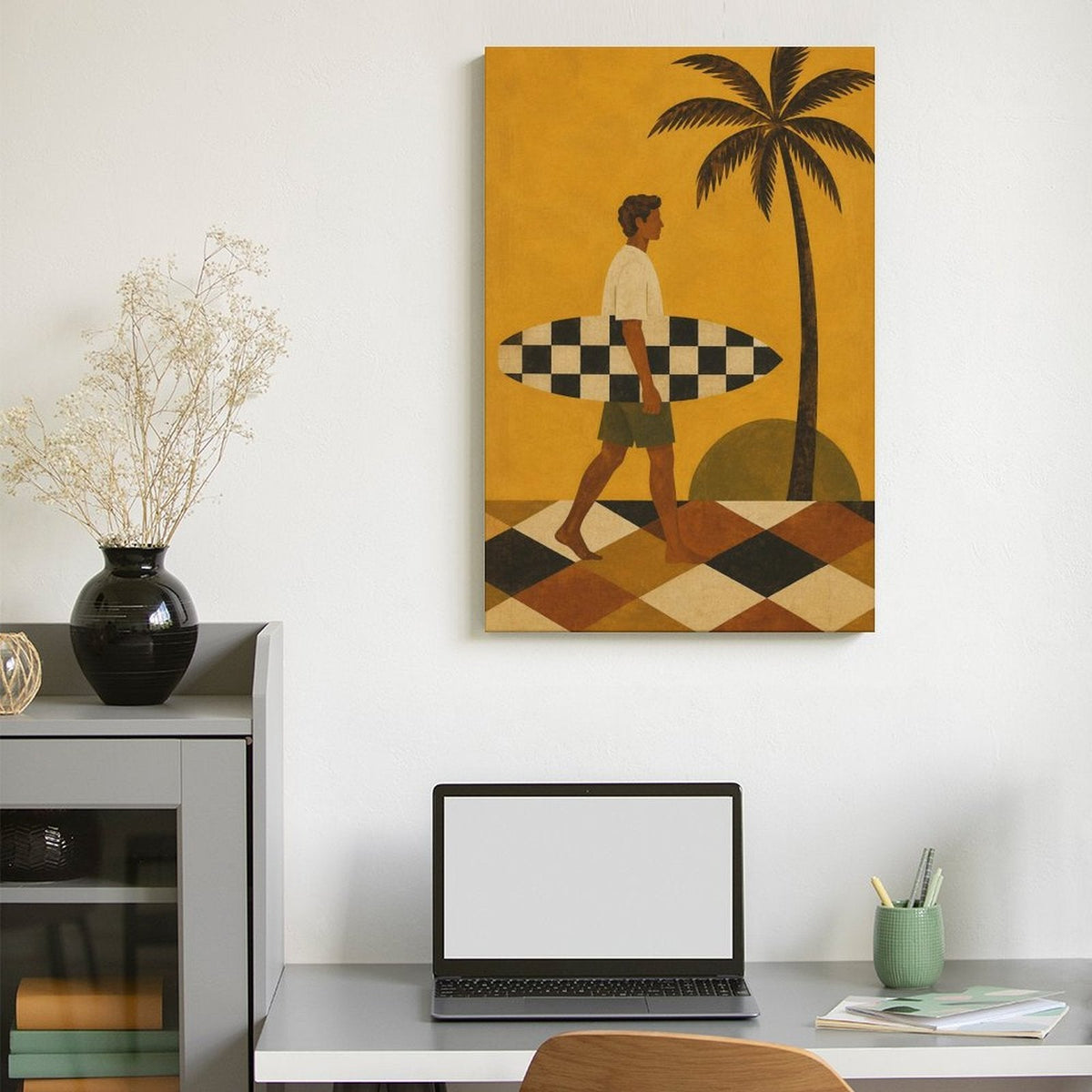 Retro Surfer Framed Canvas Wall Art | Vintage Beach Palm Tree Print