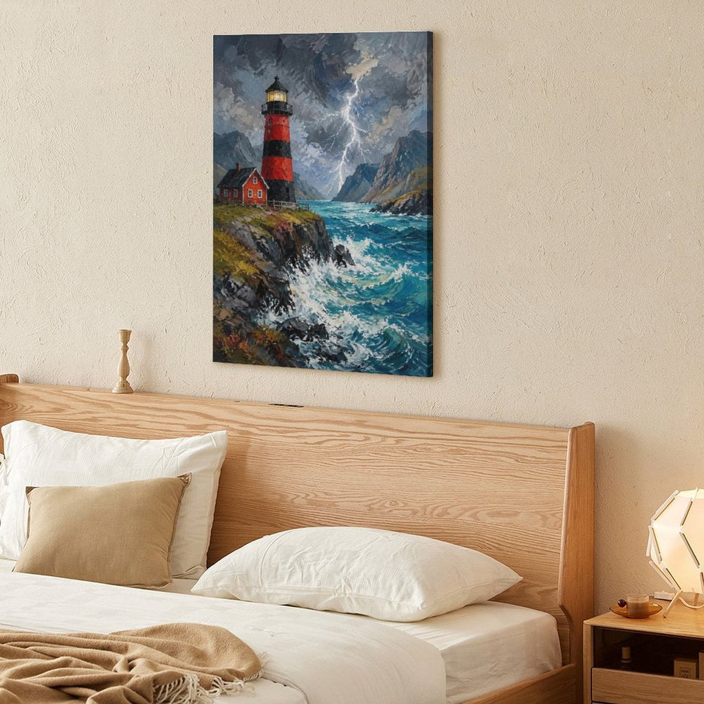 Stormy Lighthouse Cliff Framed Canvas Wall Art | Red & Black Coastal Oil Painting Print