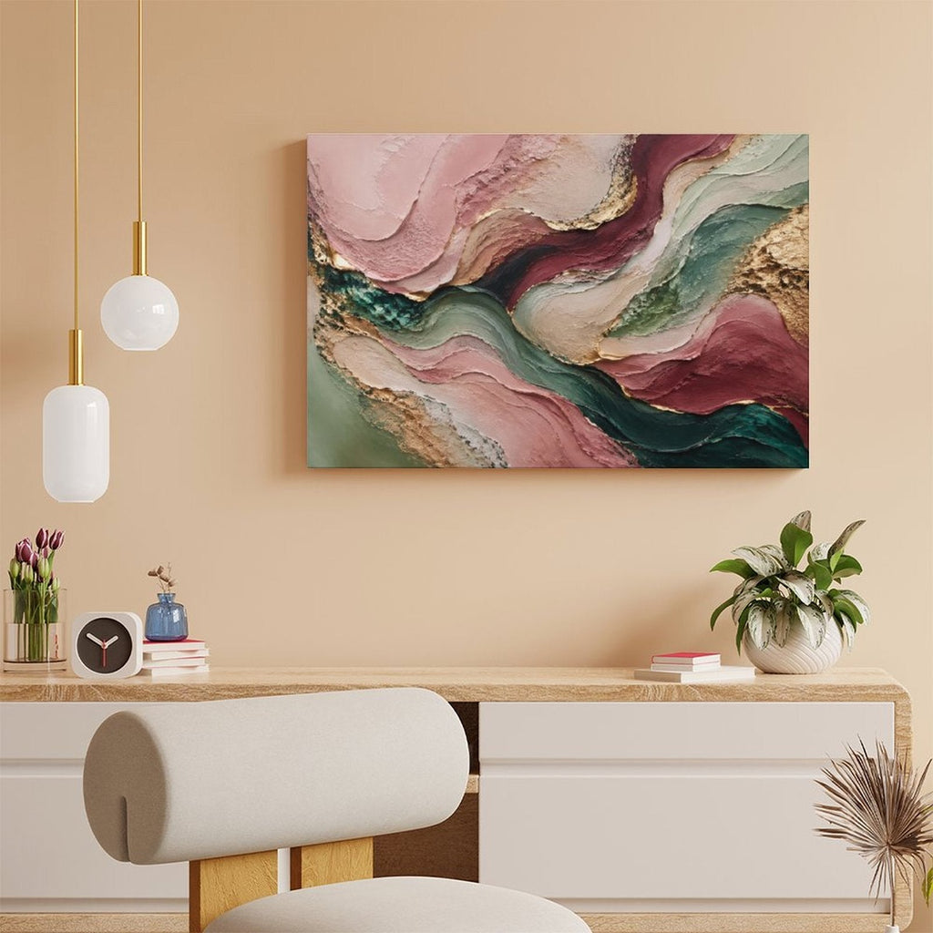 Rose Gold Teal Flowing Wave Textured Abstract Framed Canvas Wall Art | Luxury Palette Knife Print