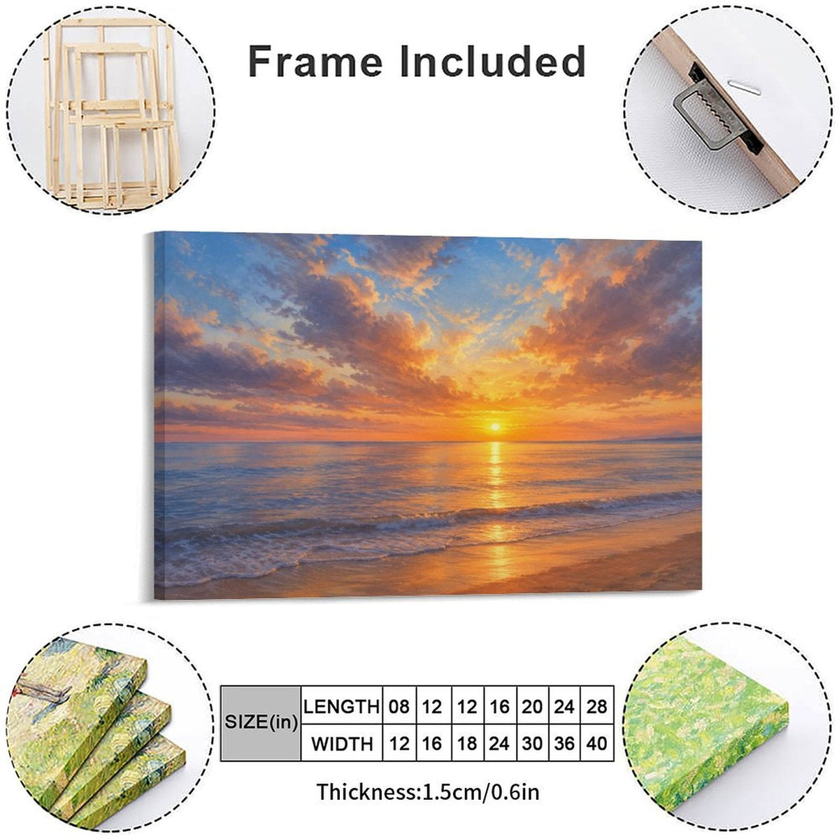Golden Beach Sunset Framed Canvas Wall Art | Coastal Ocean Seascape Oil Painting Print