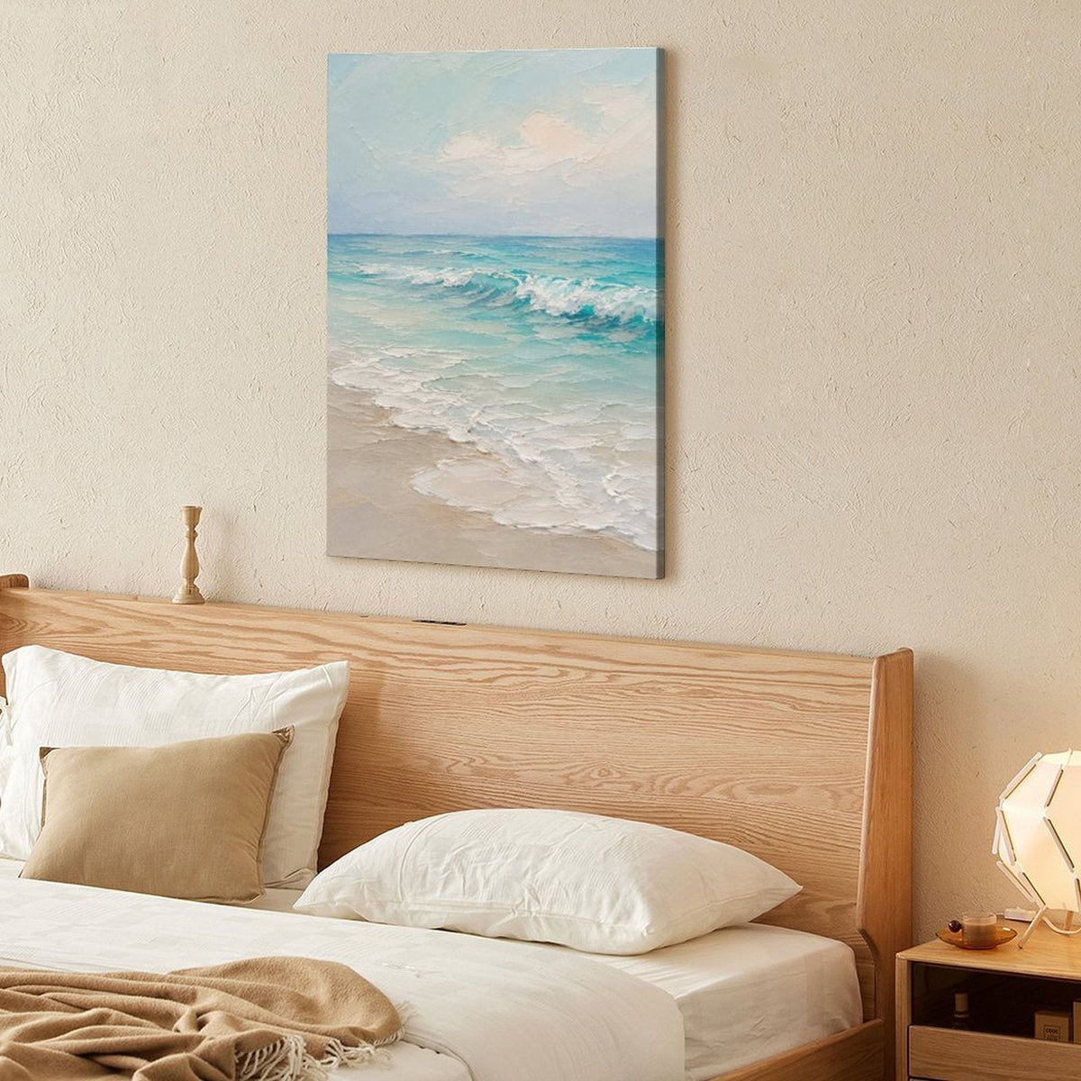 Serene Beach Waves Framed Canvas Wall Art | Soft Teal Coastal Oil Painting Print