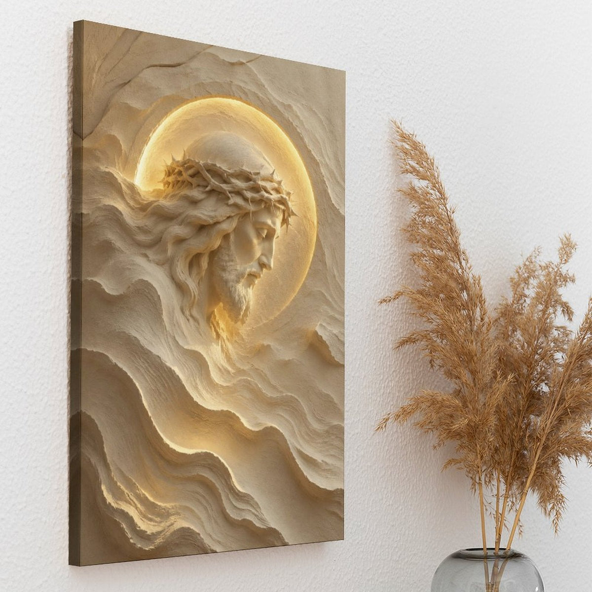 Jesus Crown of Thorns 3D Sand Relief Framed Canvas Wall Art | Sacred Religious Print