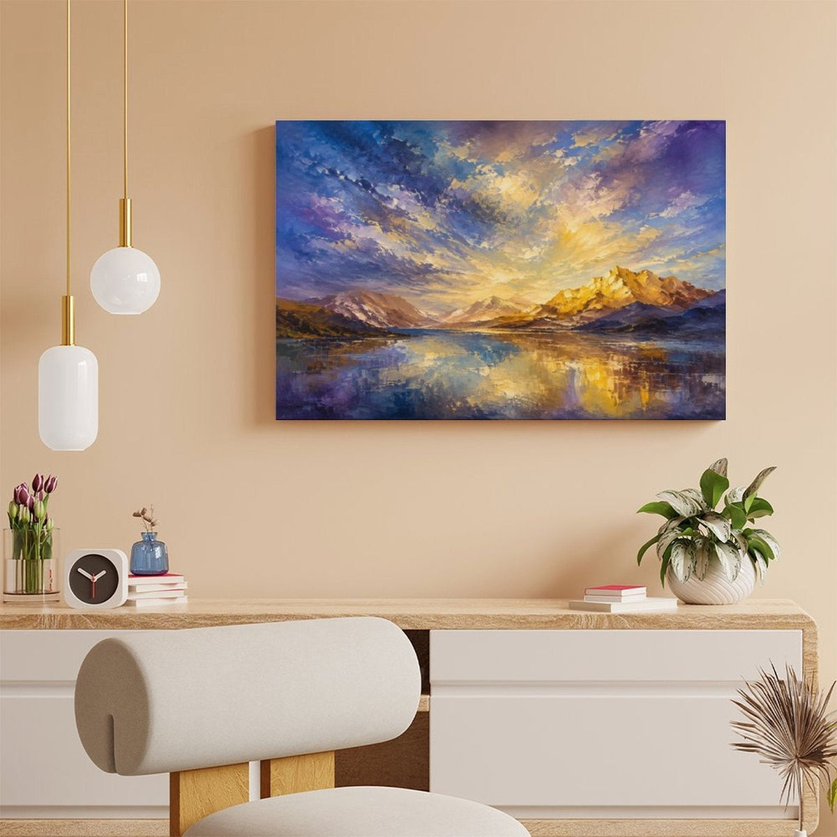 Purple Gold Dramatic Sky Mountain Lake Framed Canvas Wall Art | Impressionist Landscape Print